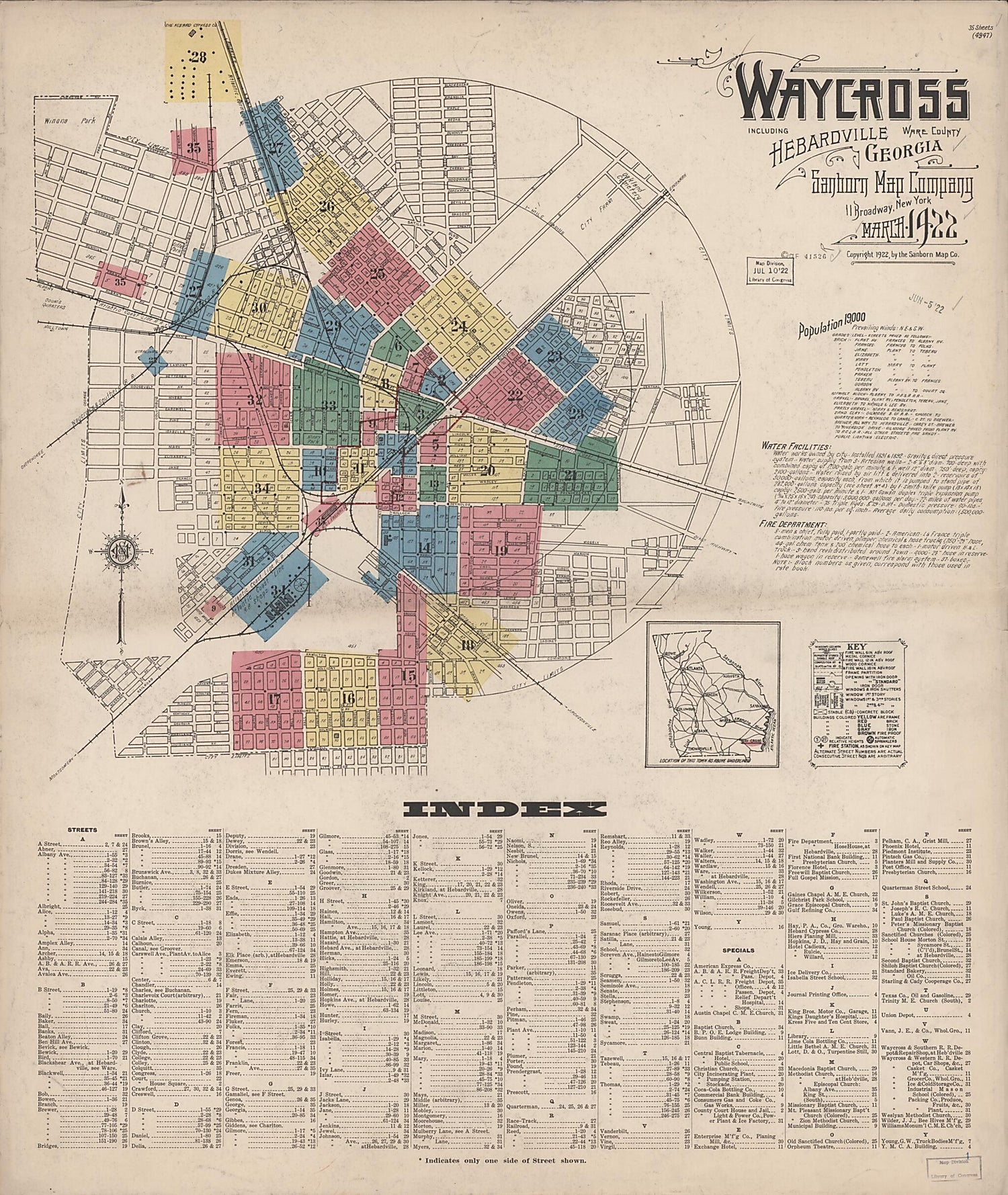 This old map of Waycross, Ware County, Georgia was created by Sanborn Map Company in 1922