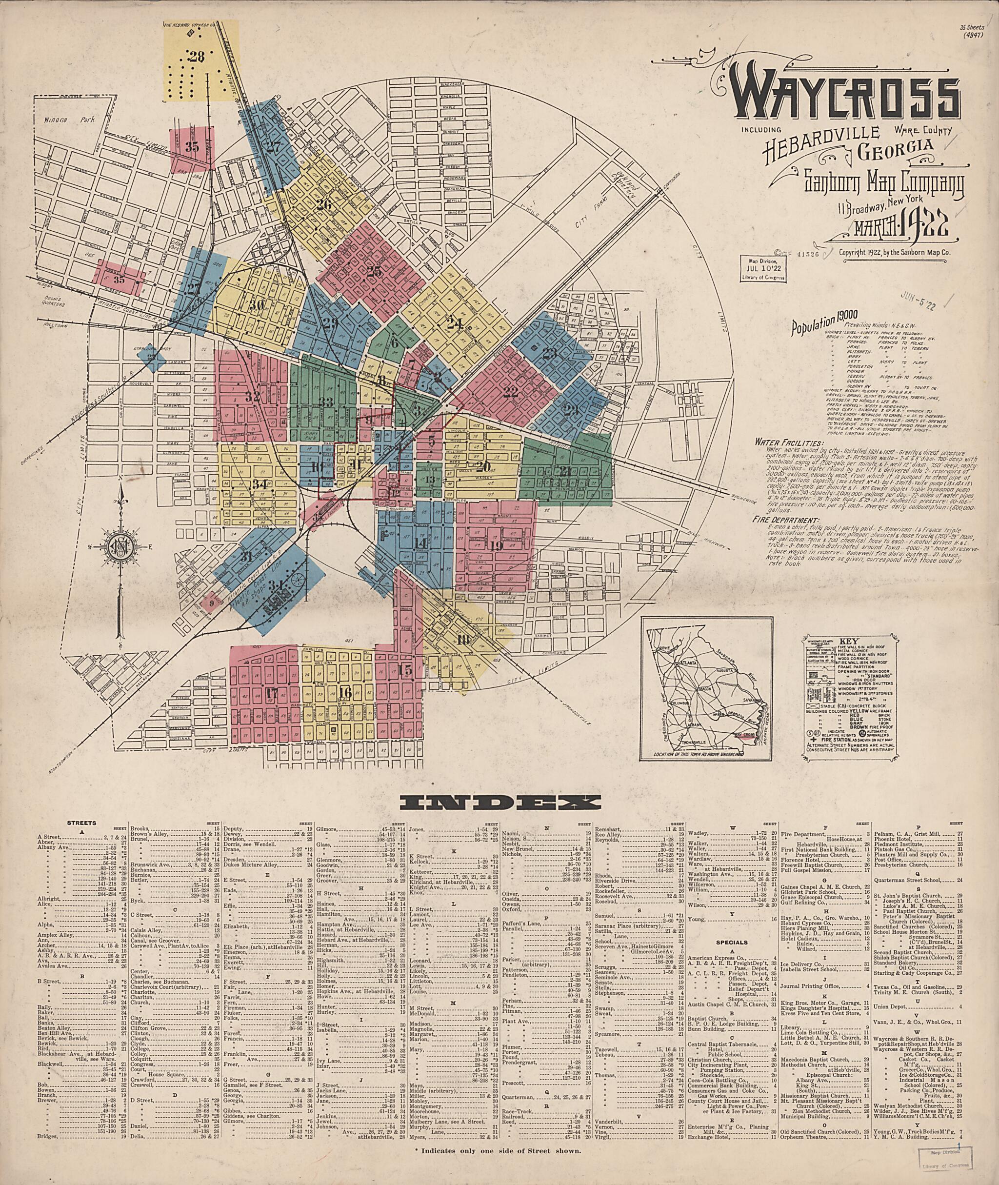 This old map of Waycross, Ware County, Georgia was created by Sanborn Map Company in 1922