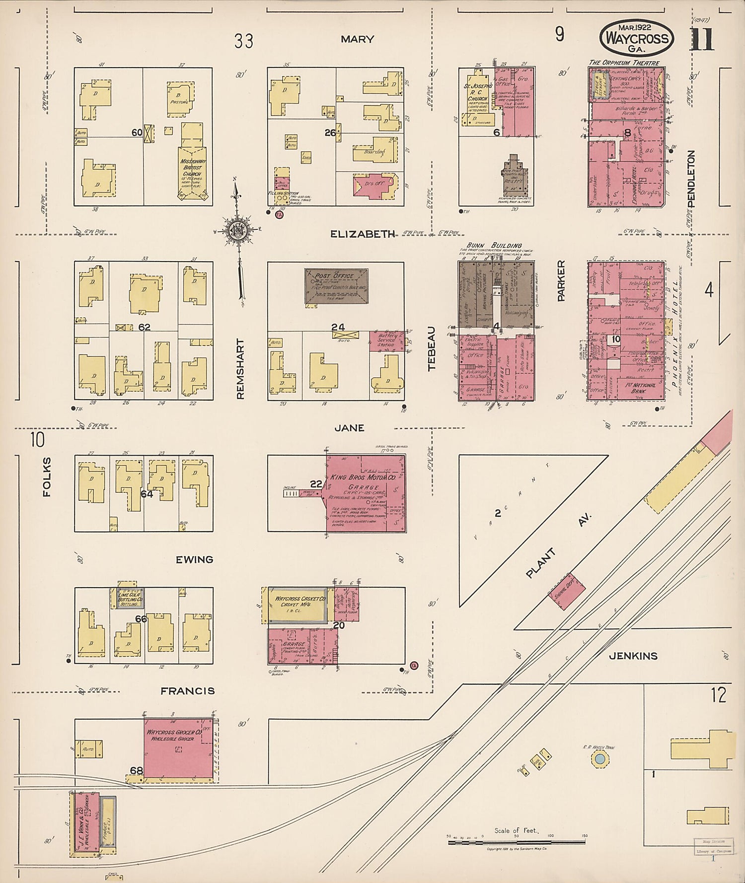 This old map of Waycross, Ware County, Georgia was created by Sanborn Map Company in 1922