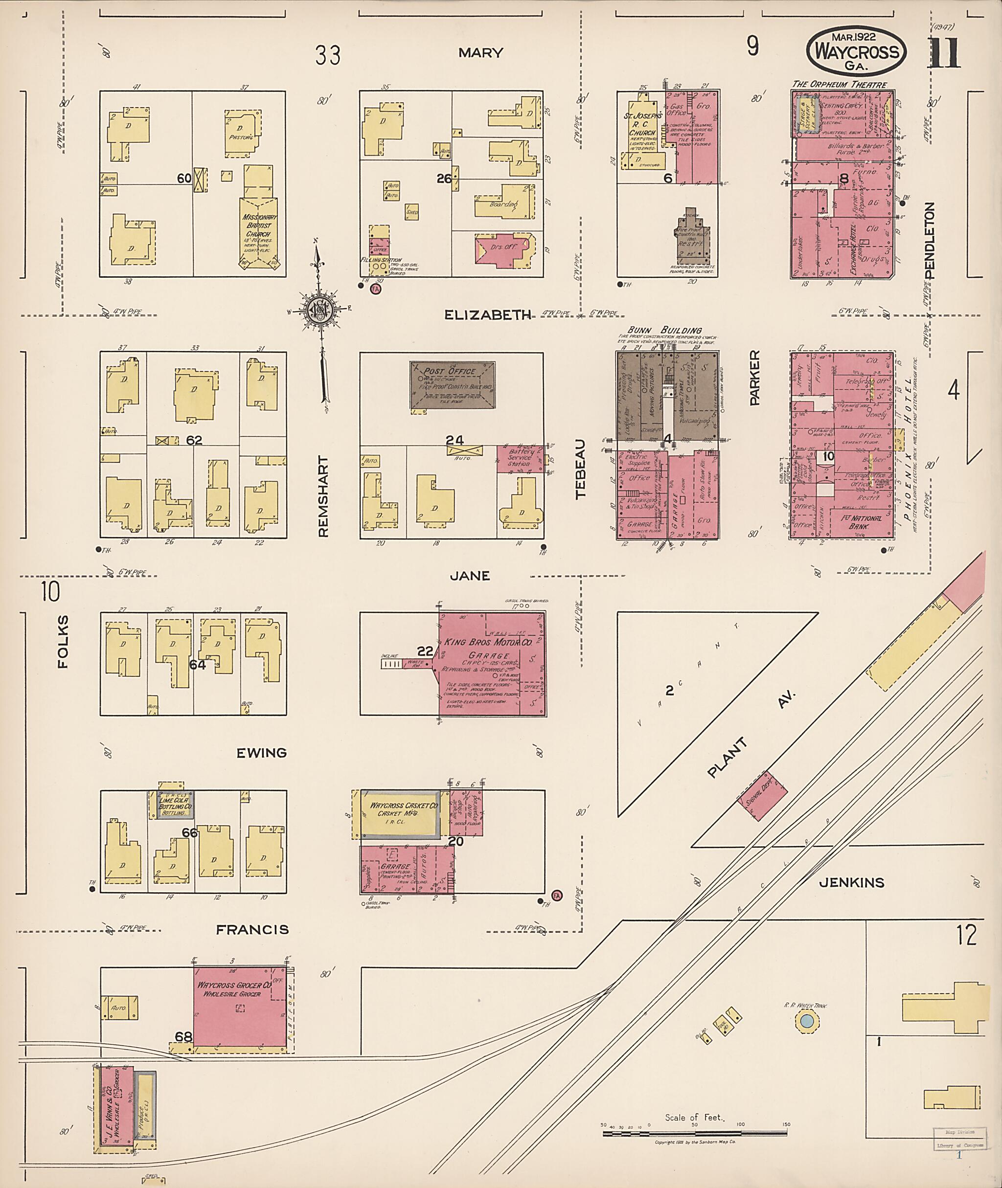 This old map of Waycross, Ware County, Georgia was created by Sanborn Map Company in 1922