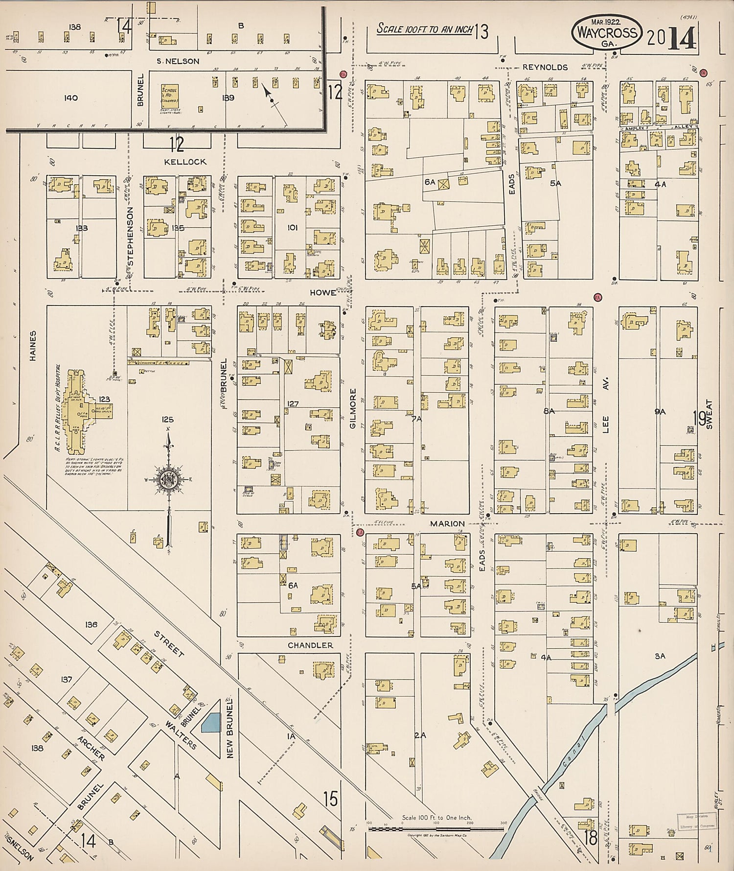 This old map of Waycross, Ware County, Georgia was created by Sanborn Map Company in 1922