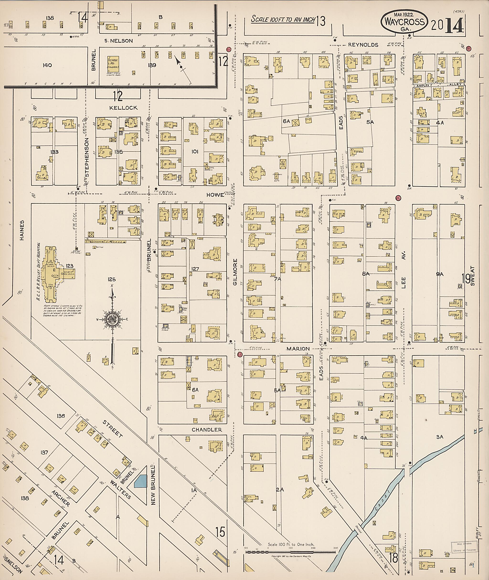 This old map of Waycross, Ware County, Georgia was created by Sanborn Map Company in 1922