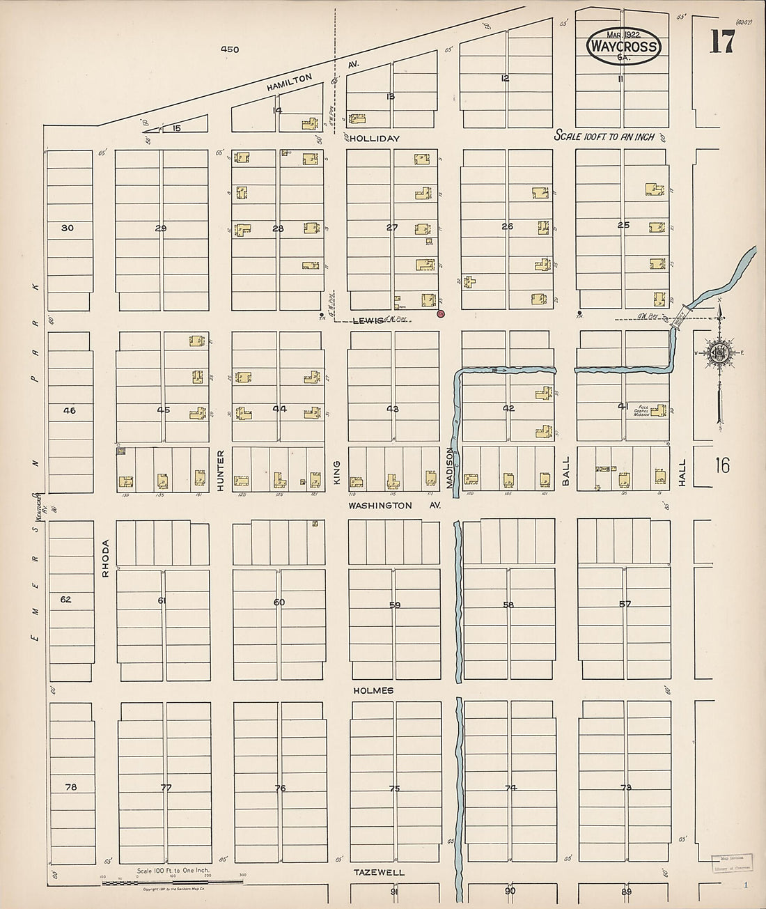 This old map of Waycross, Ware County, Georgia was created by Sanborn Map Company in 1922