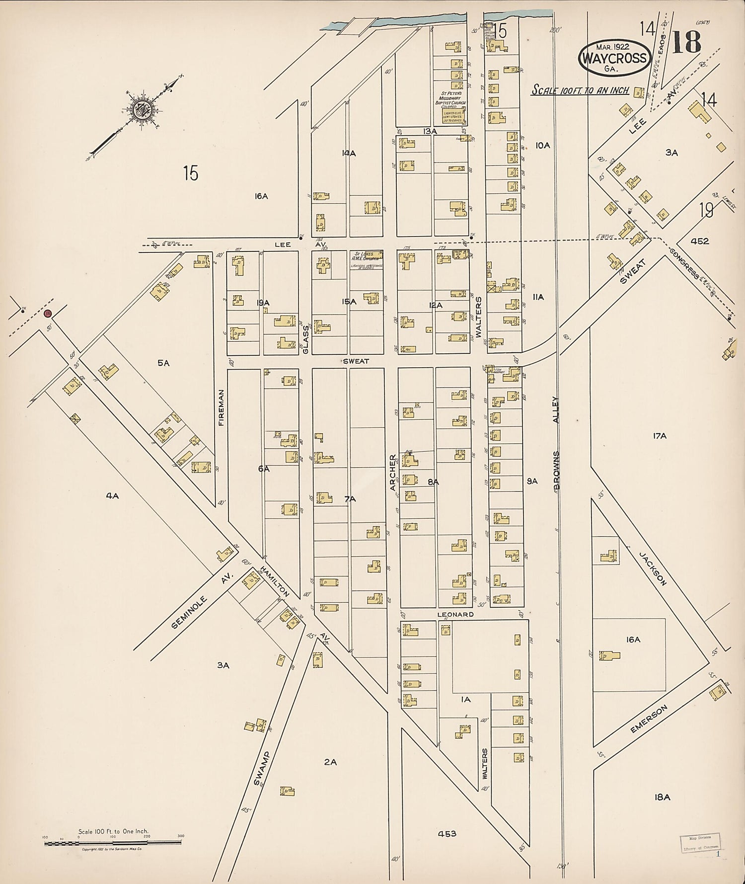 This old map of Waycross, Ware County, Georgia was created by Sanborn Map Company in 1922