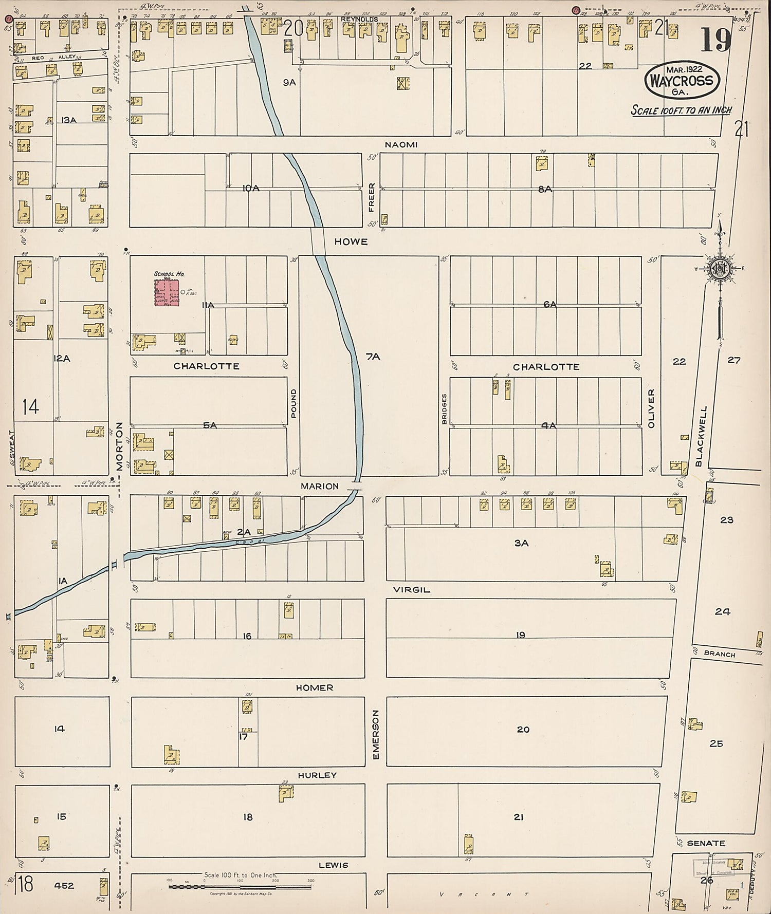 This old map of Waycross, Ware County, Georgia was created by Sanborn Map Company in 1922