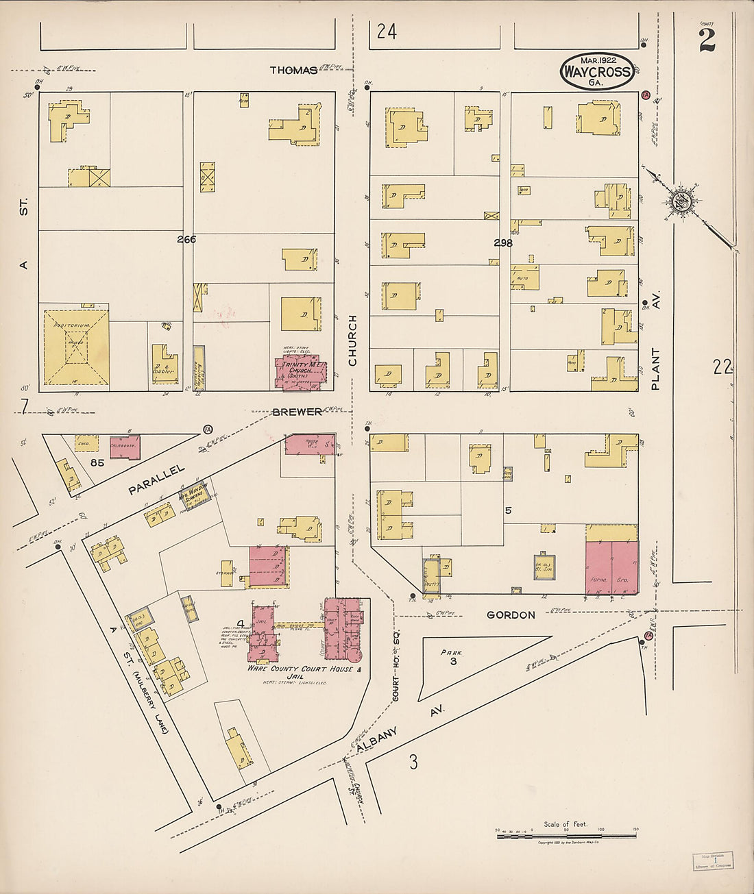 This old map of Waycross, Ware County, Georgia was created by Sanborn Map Company in 1922