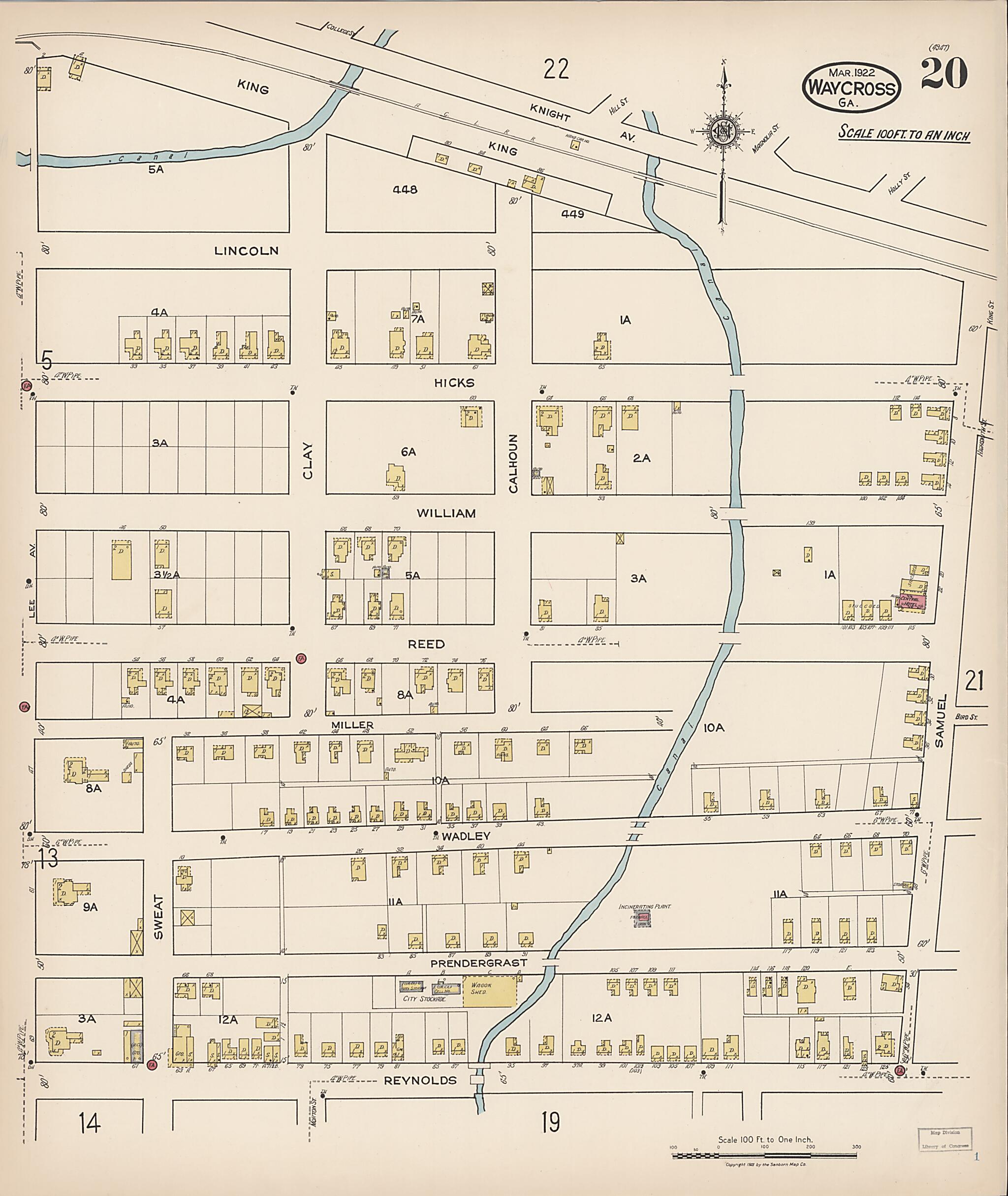 This old map of Waycross, Ware County, Georgia was created by Sanborn Map Company in 1922