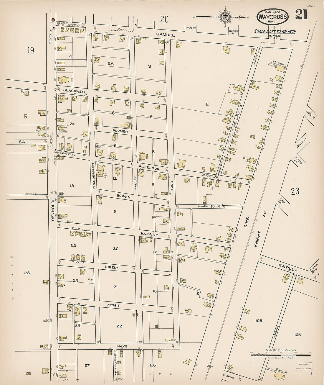 This old map of Waycross, Ware County, Georgia was created by Sanborn Map Company in 1922