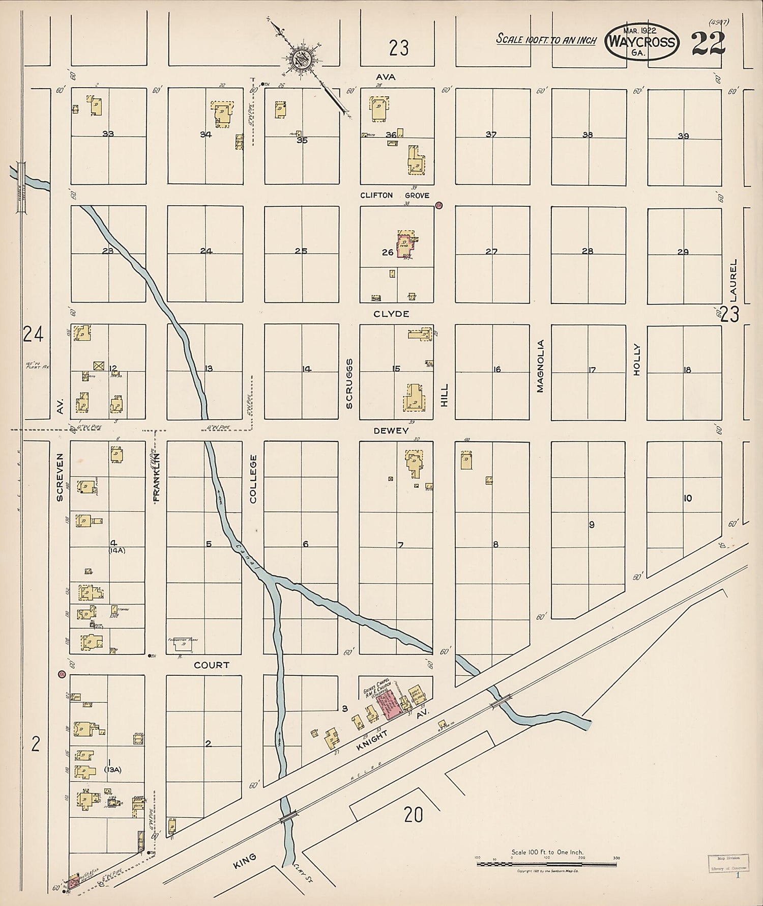 This old map of Waycross, Ware County, Georgia was created by Sanborn Map Company in 1922