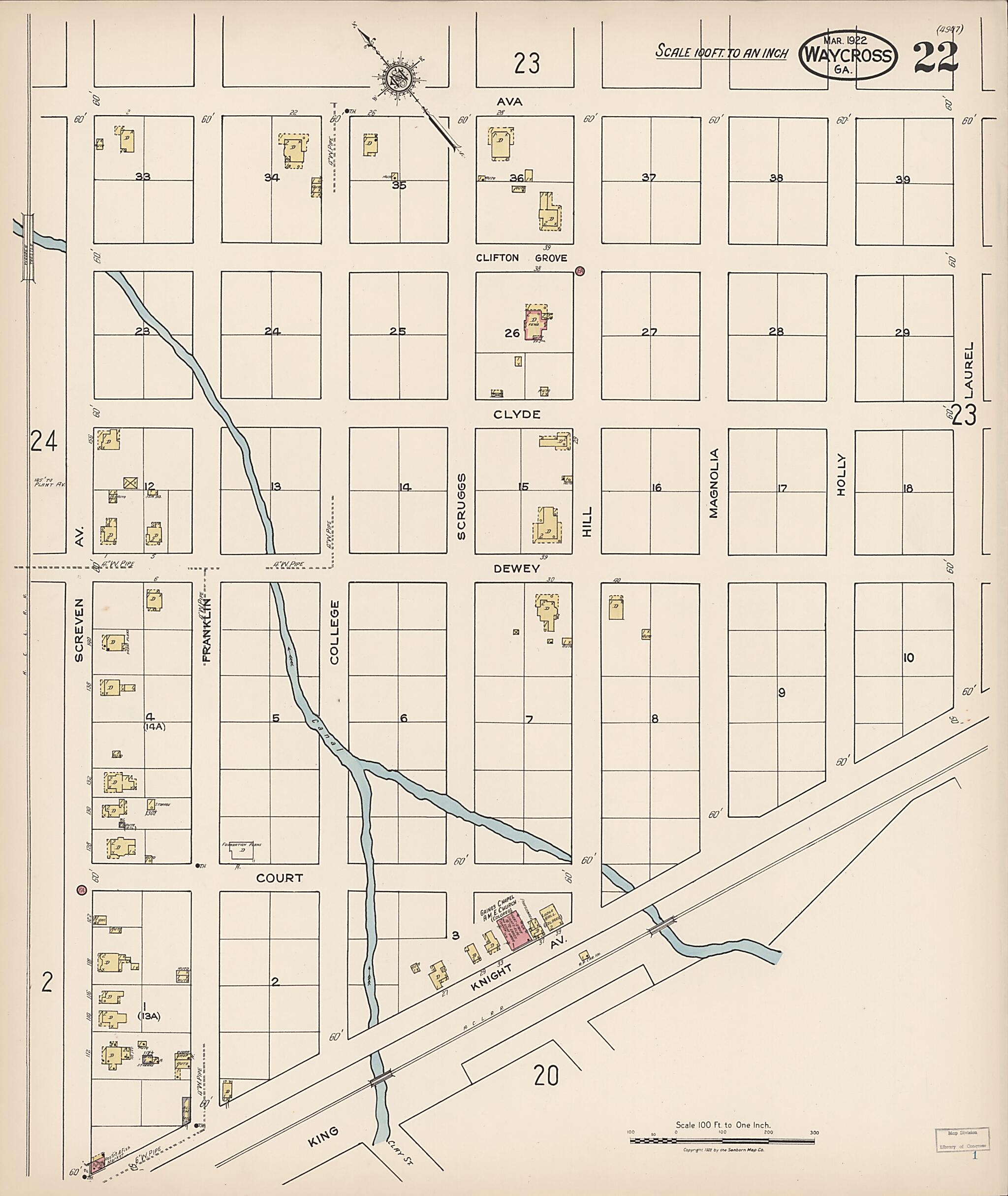 This old map of Waycross, Ware County, Georgia was created by Sanborn Map Company in 1922