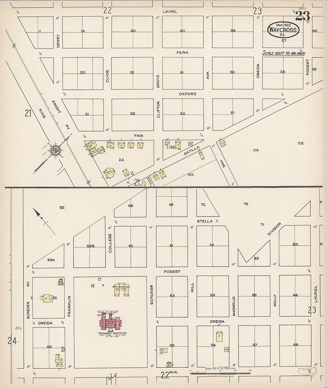 This old map of Waycross, Ware County, Georgia was created by Sanborn Map Company in 1922