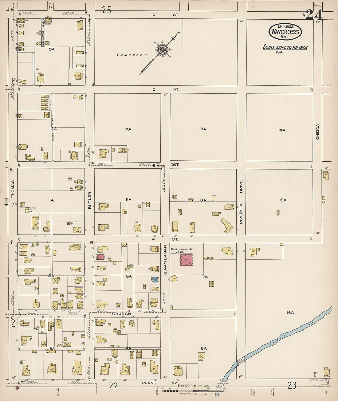 This old map of Waycross, Ware County, Georgia was created by Sanborn Map Company in 1922