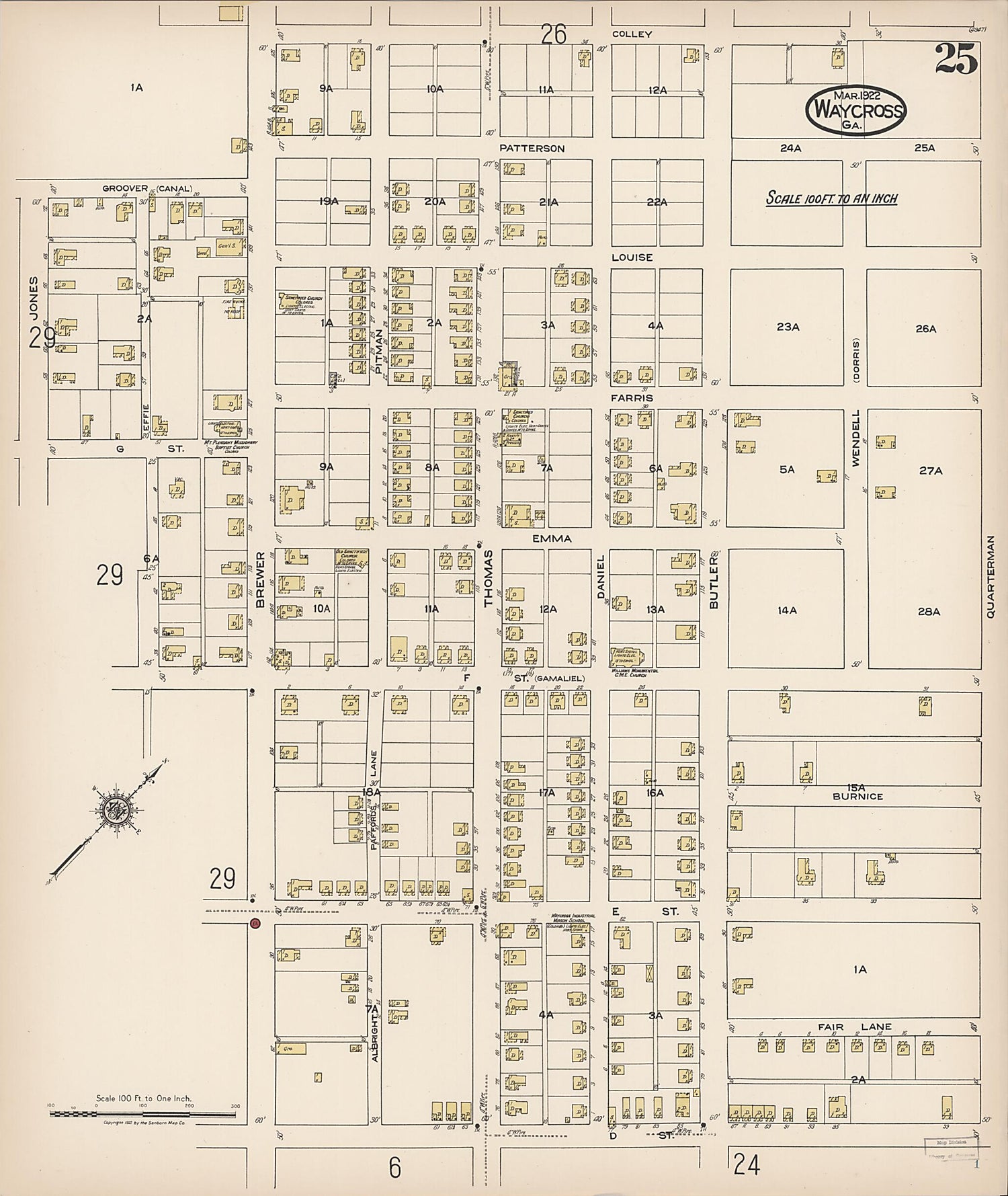 This old map of Waycross, Ware County, Georgia was created by Sanborn Map Company in 1922