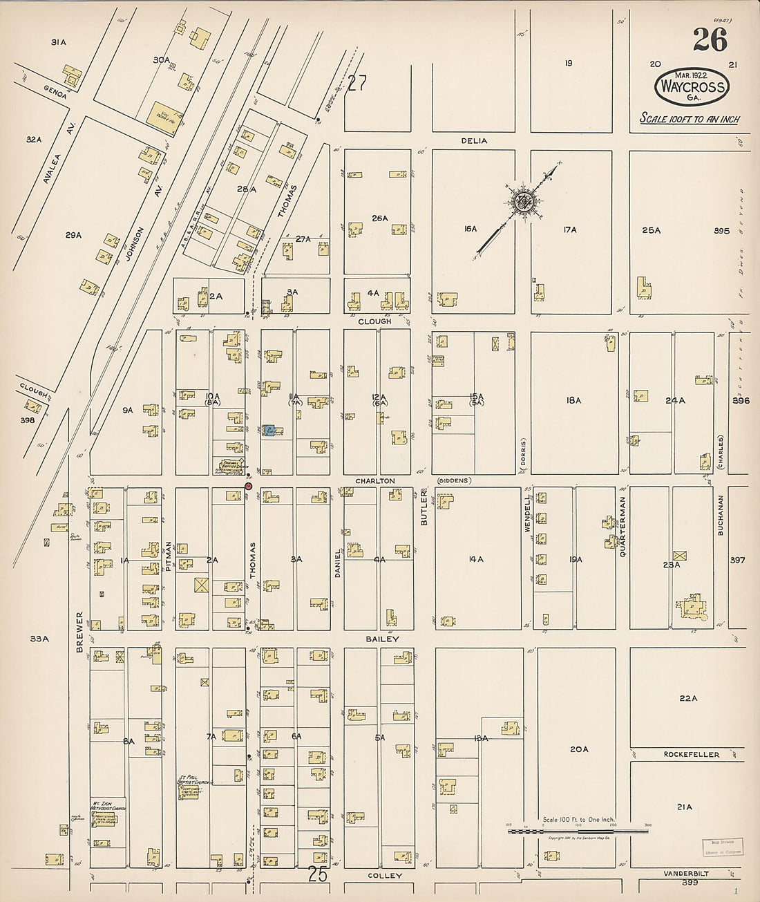 This old map of Waycross, Ware County, Georgia was created by Sanborn Map Company in 1922