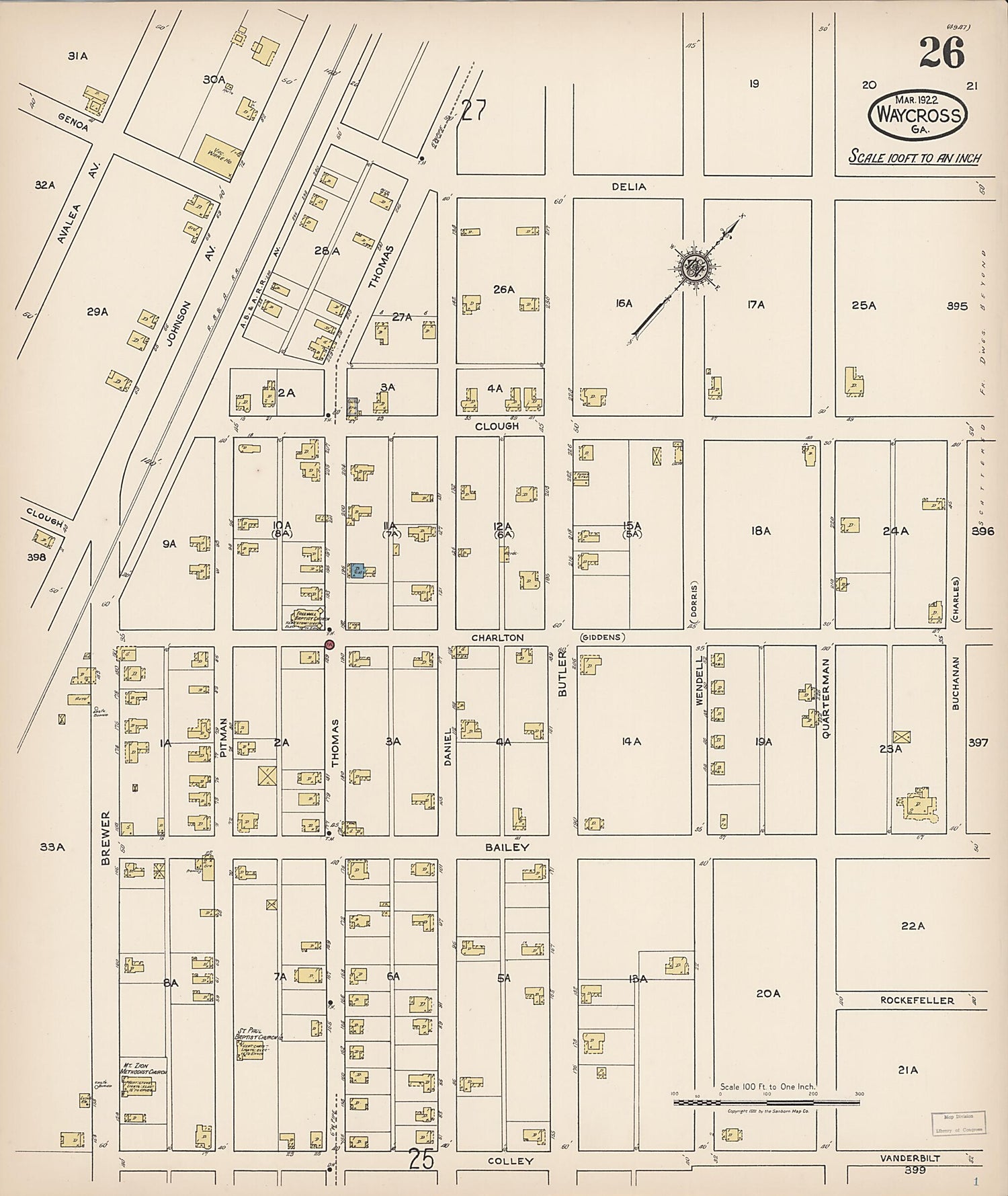 This old map of Waycross, Ware County, Georgia was created by Sanborn Map Company in 1922