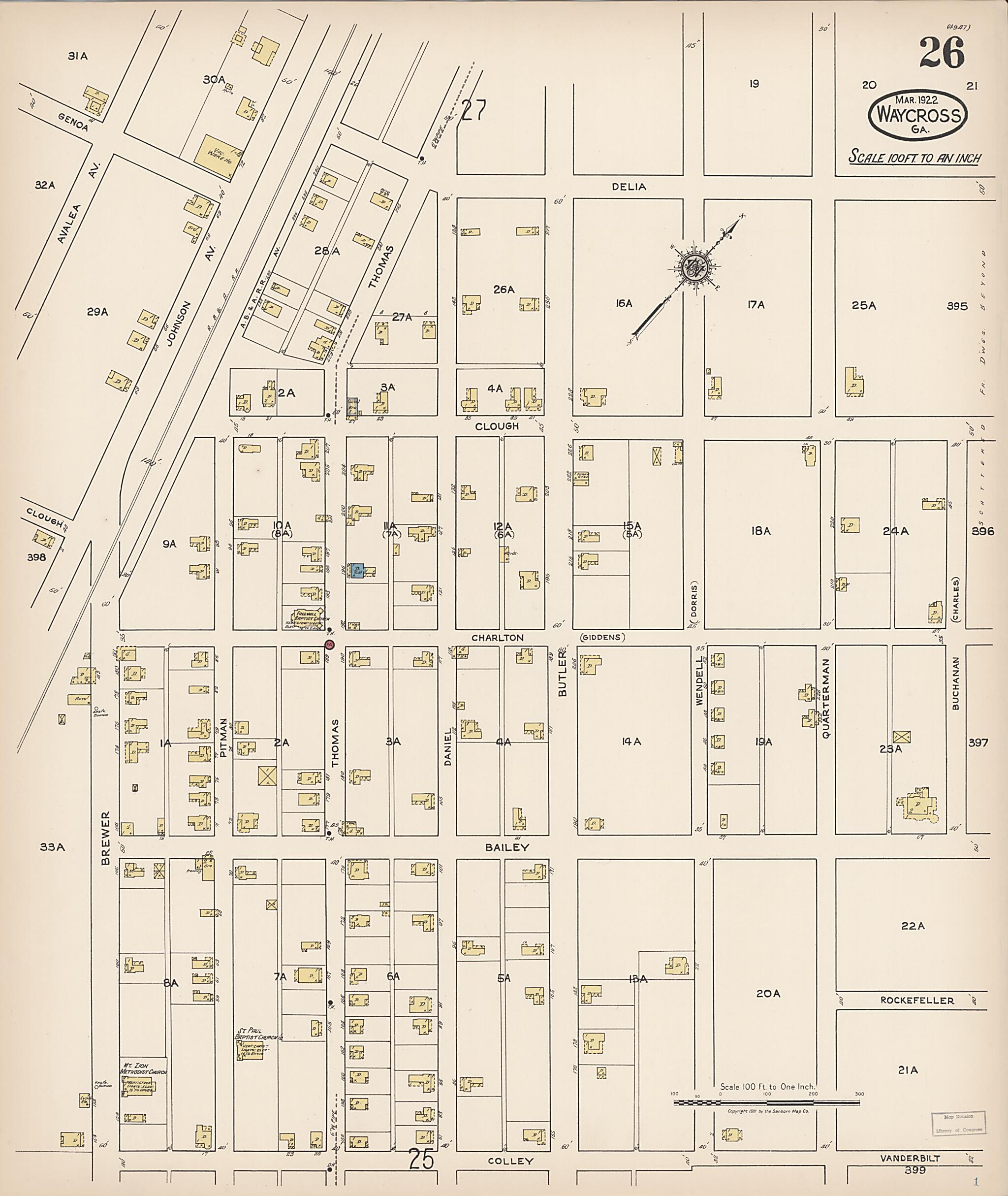 This old map of Waycross, Ware County, Georgia was created by Sanborn Map Company in 1922