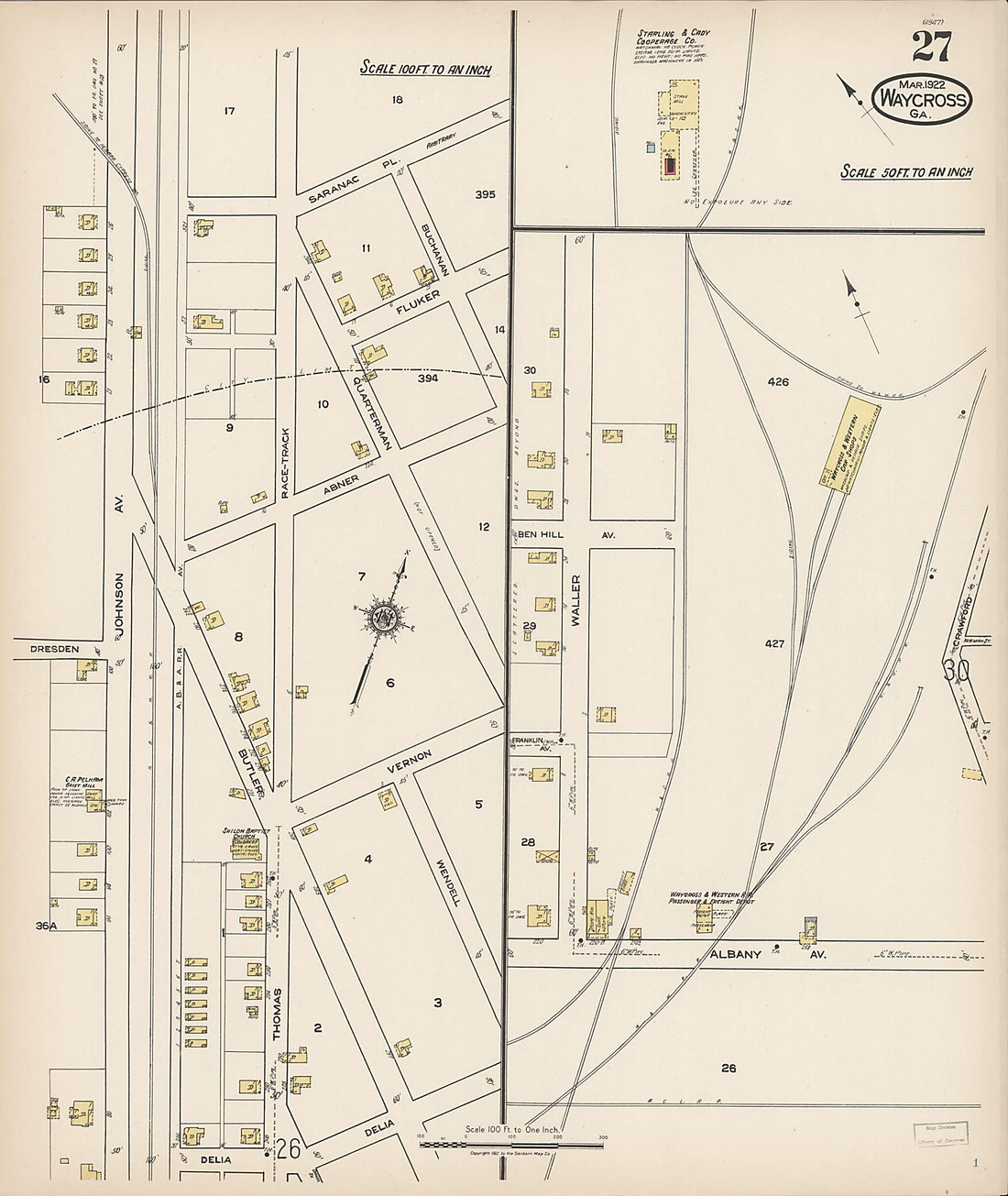 This old map of Waycross, Ware County, Georgia was created by Sanborn Map Company in 1922