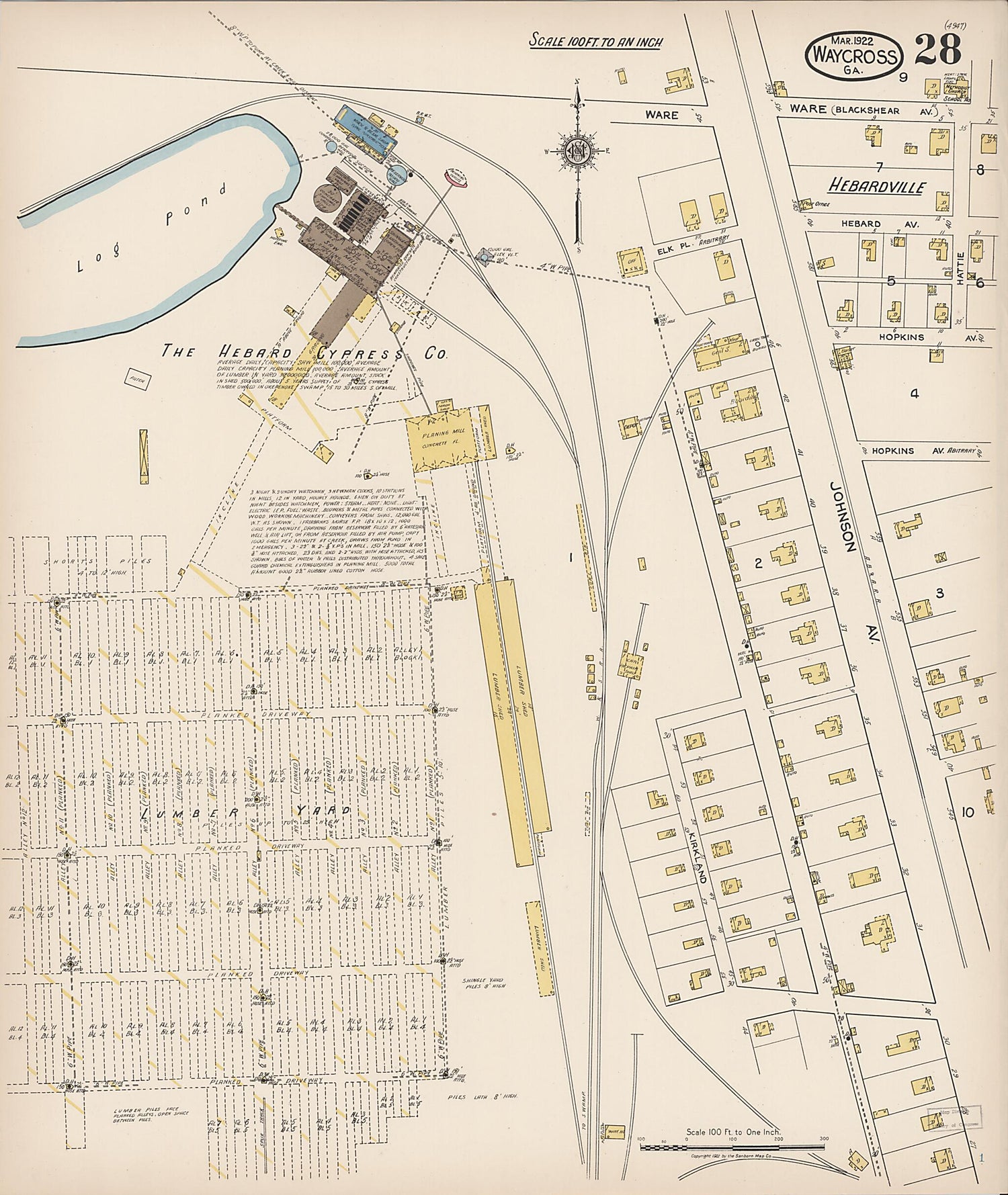 This old map of Waycross, Ware County, Georgia was created by Sanborn Map Company in 1922