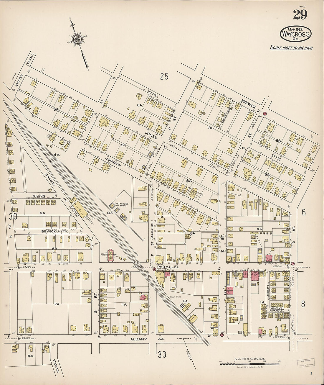 This old map of Waycross, Ware County, Georgia was created by Sanborn Map Company in 1922