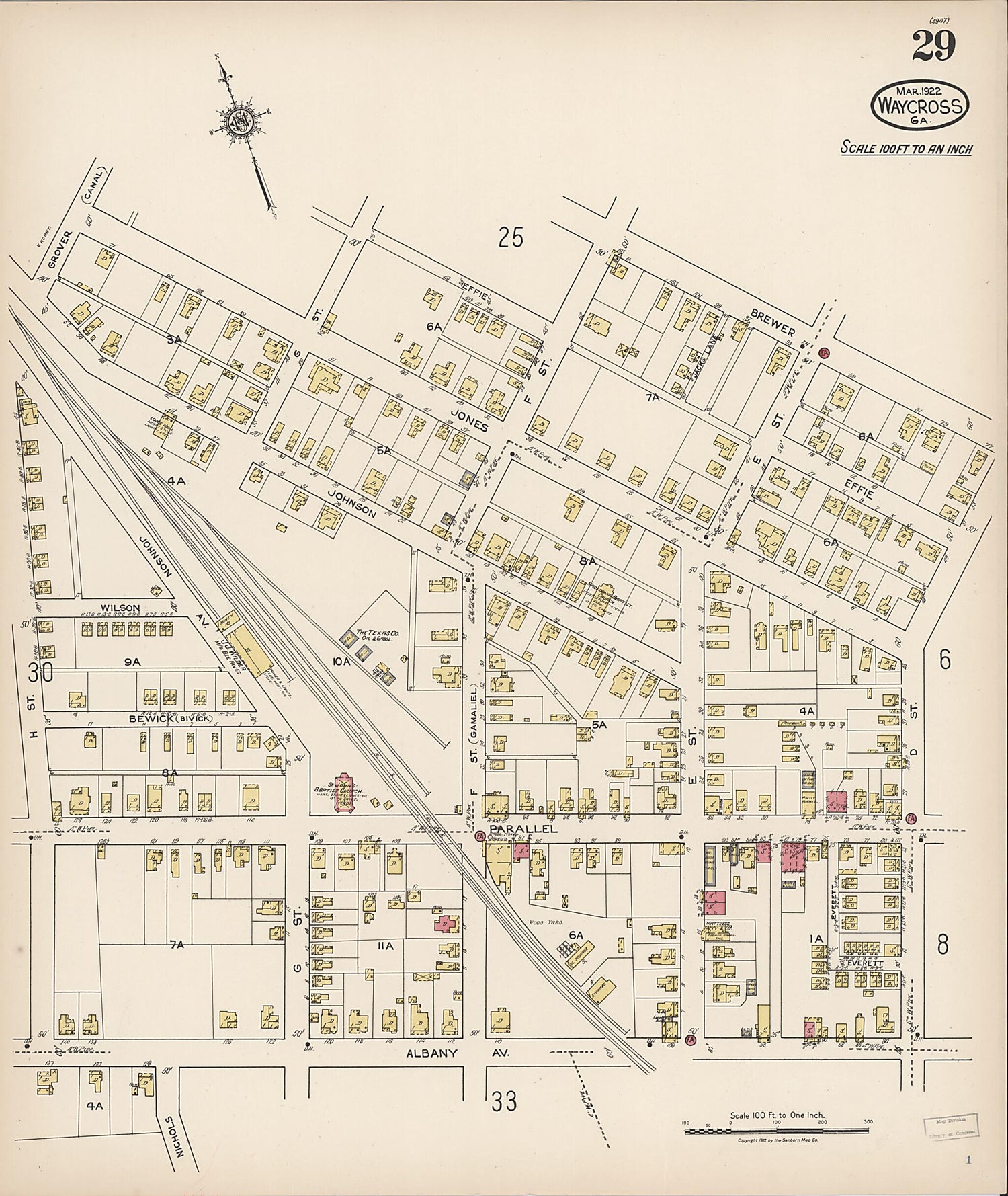 This old map of Waycross, Ware County, Georgia was created by Sanborn Map Company in 1922