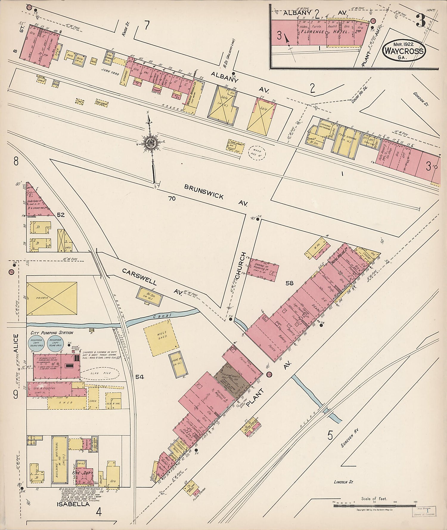 This old map of Waycross, Ware County, Georgia was created by Sanborn Map Company in 1922