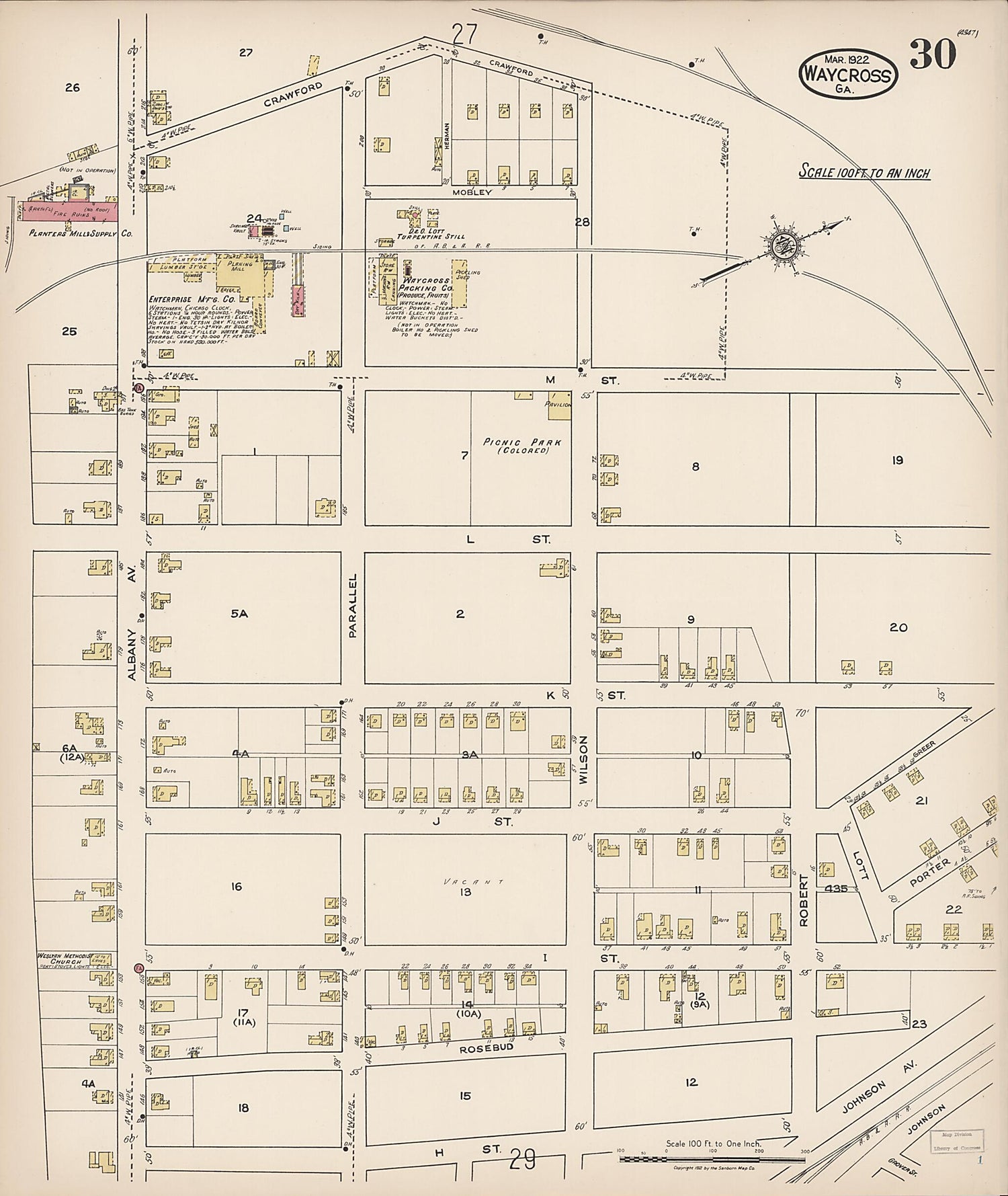 This old map of Waycross, Ware County, Georgia was created by Sanborn Map Company in 1922