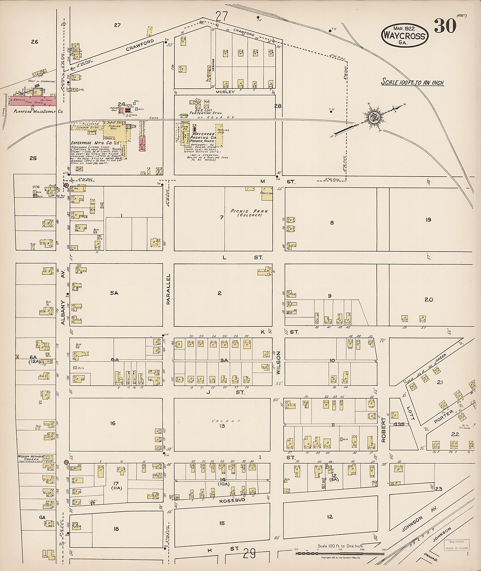 This old map of Waycross, Ware County, Georgia was created by Sanborn Map Company in 1922