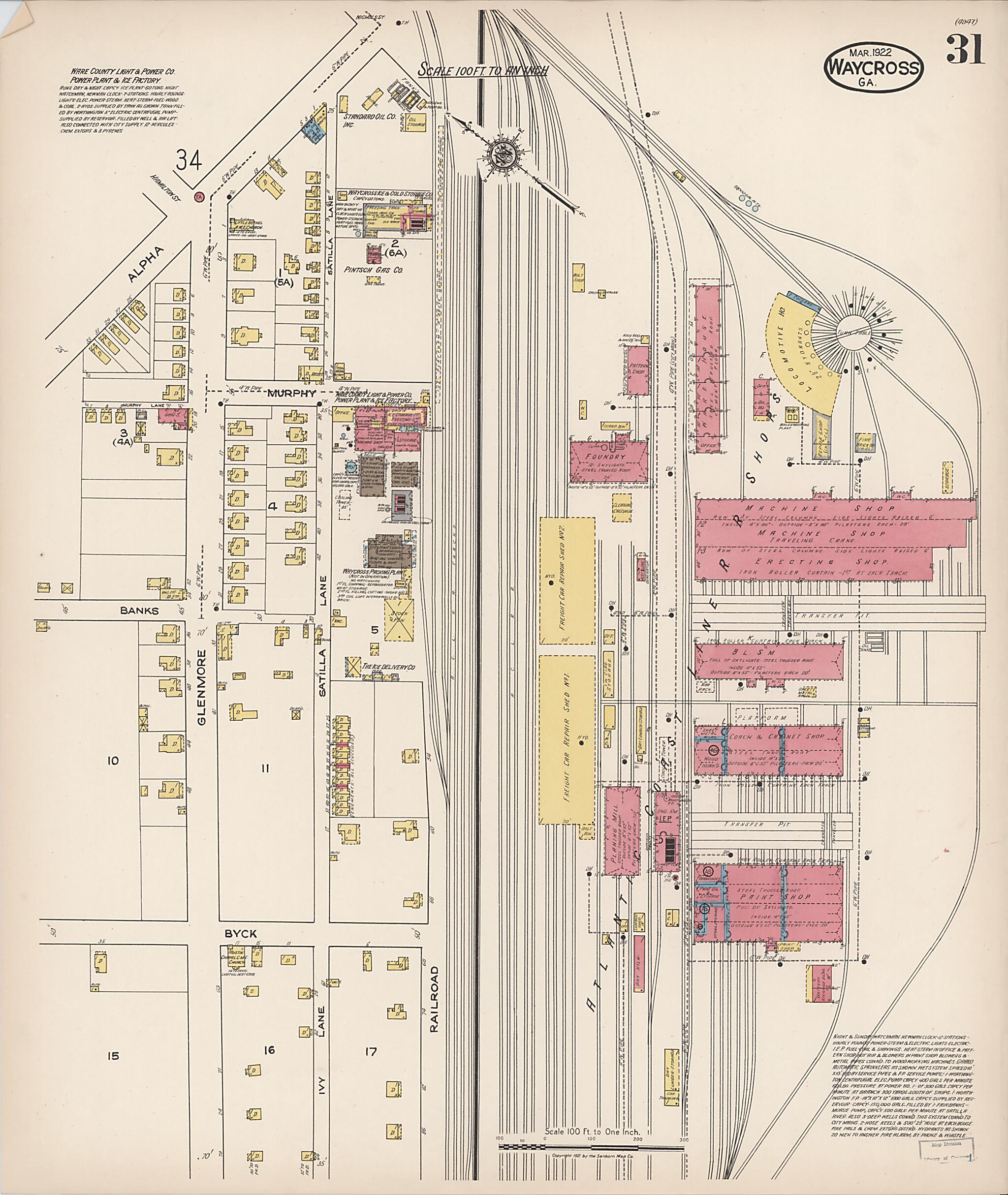 This old map of Waycross, Ware County, Georgia was created by Sanborn Map Company in 1922