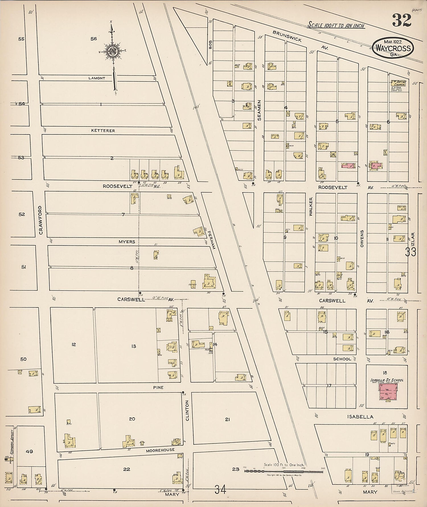 This old map of Waycross, Ware County, Georgia was created by Sanborn Map Company in 1922