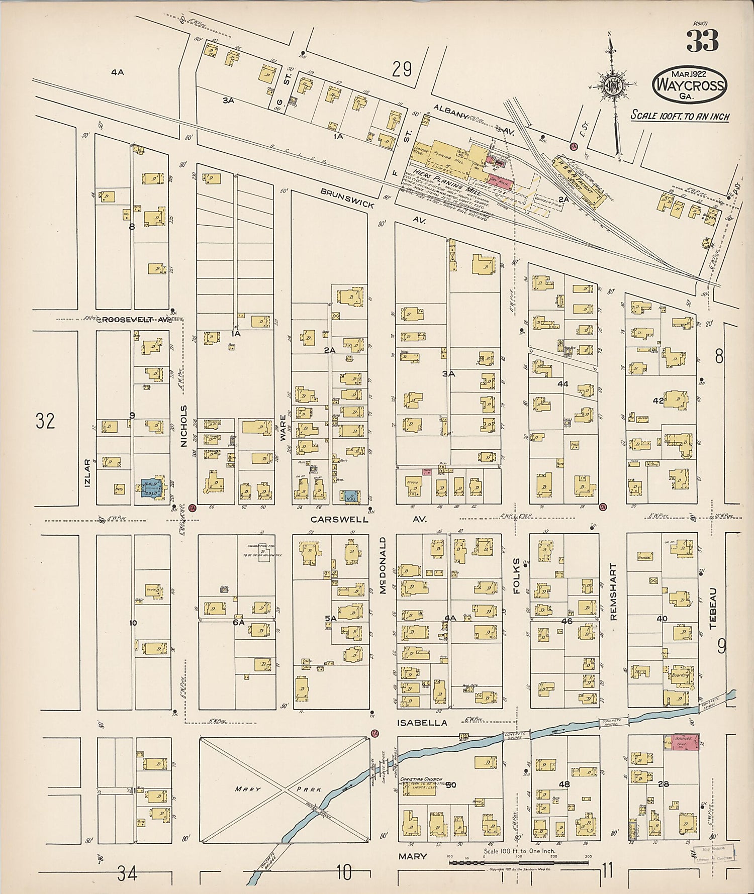 This old map of Waycross, Ware County, Georgia was created by Sanborn Map Company in 1922