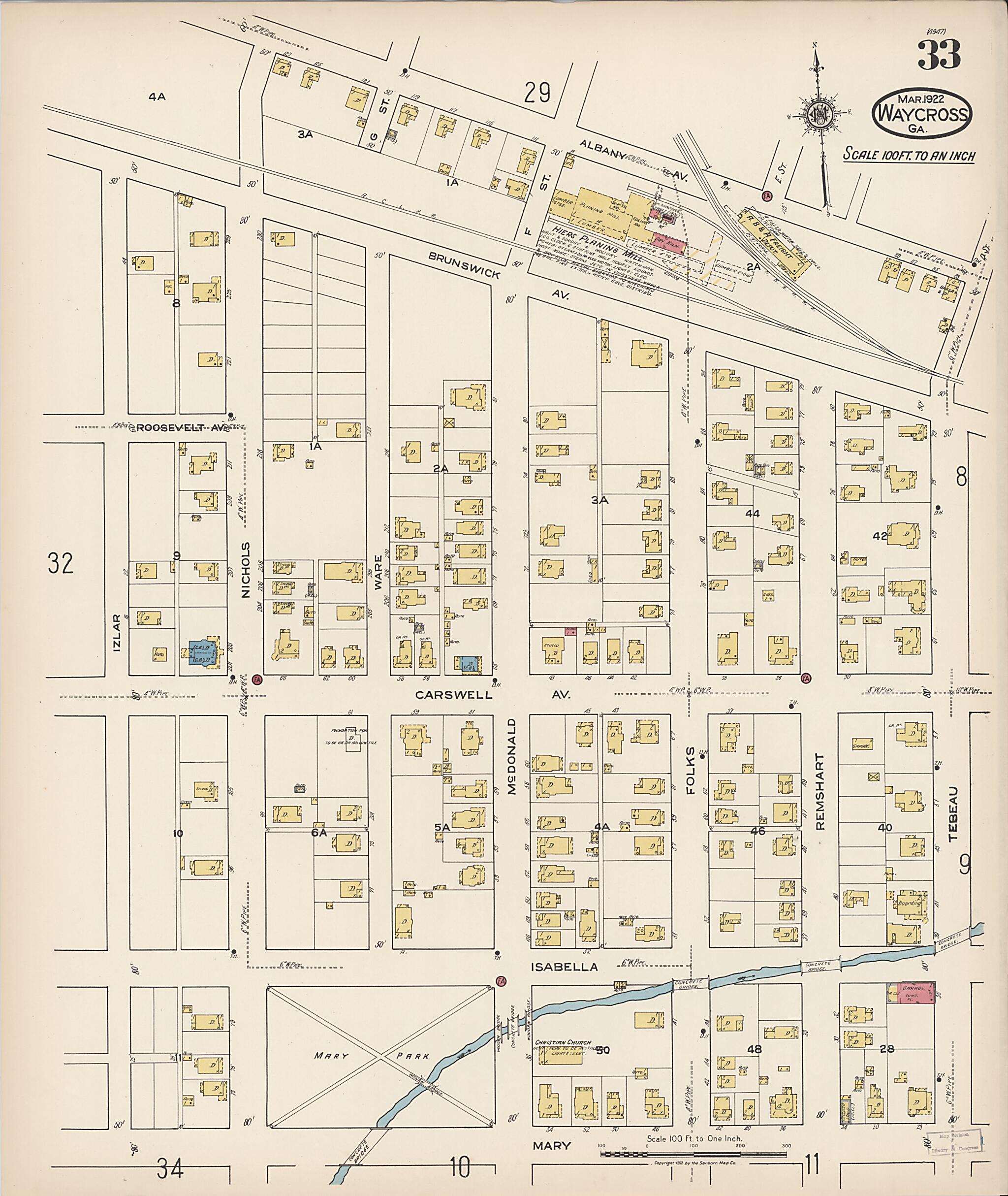 This old map of Waycross, Ware County, Georgia was created by Sanborn Map Company in 1922