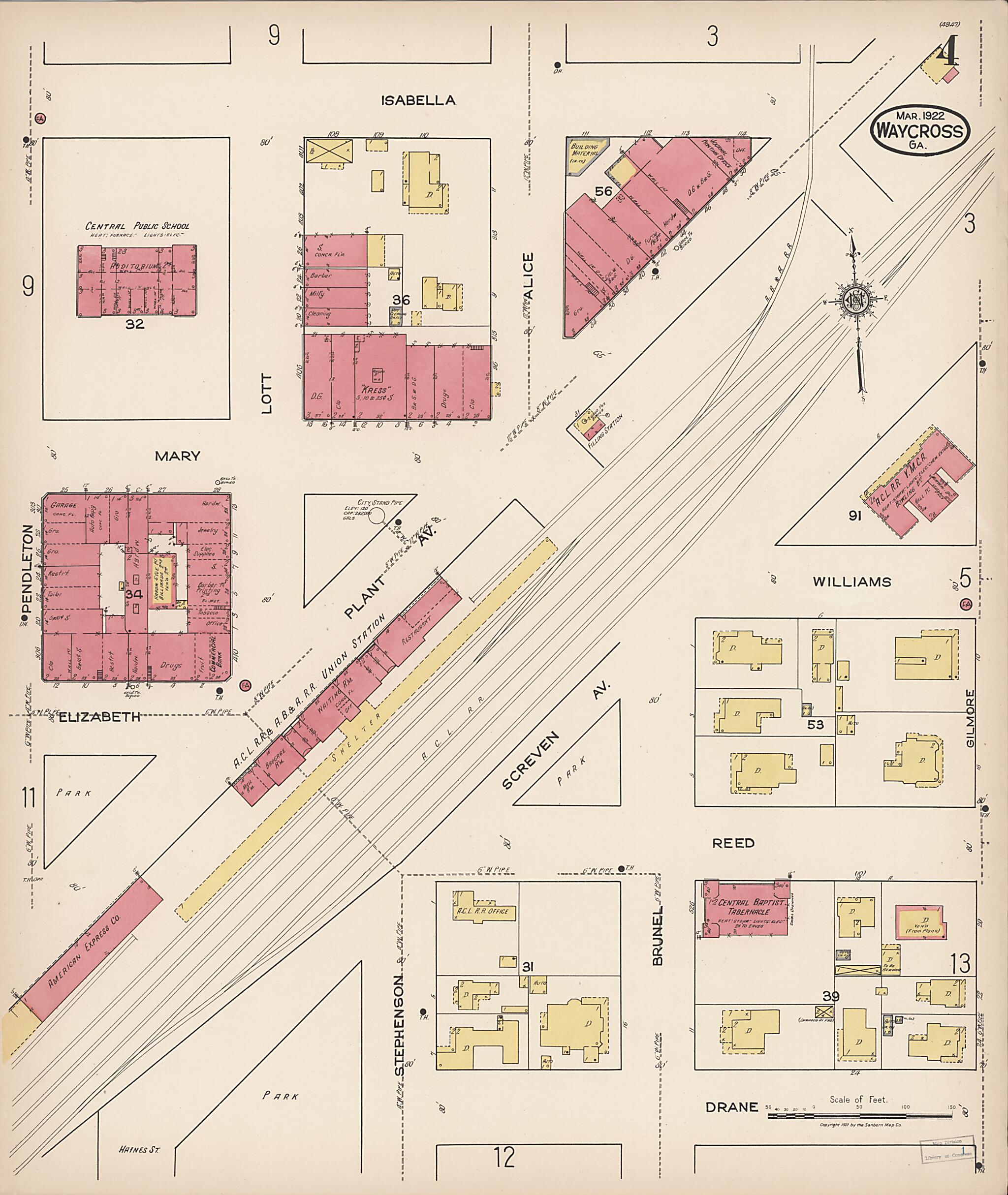 This old map of Waycross, Ware County, Georgia was created by Sanborn Map Company in 1922