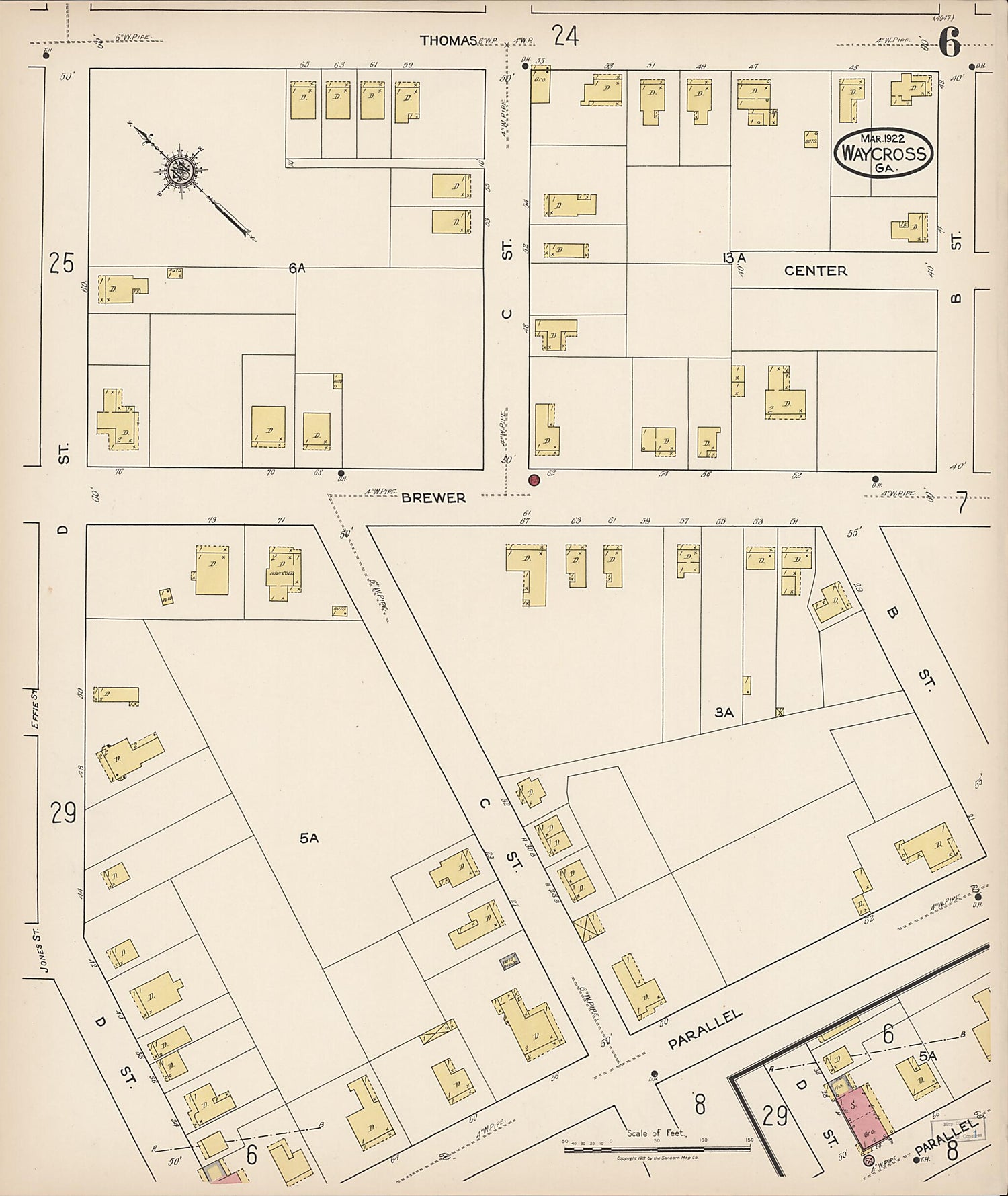 This old map of Waycross, Ware County, Georgia was created by Sanborn Map Company in 1922