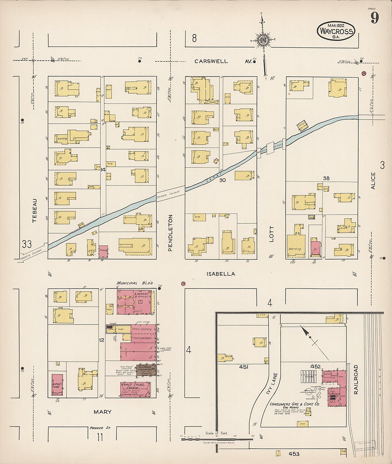 This old map of Waycross, Ware County, Georgia was created by Sanborn Map Company in 1922