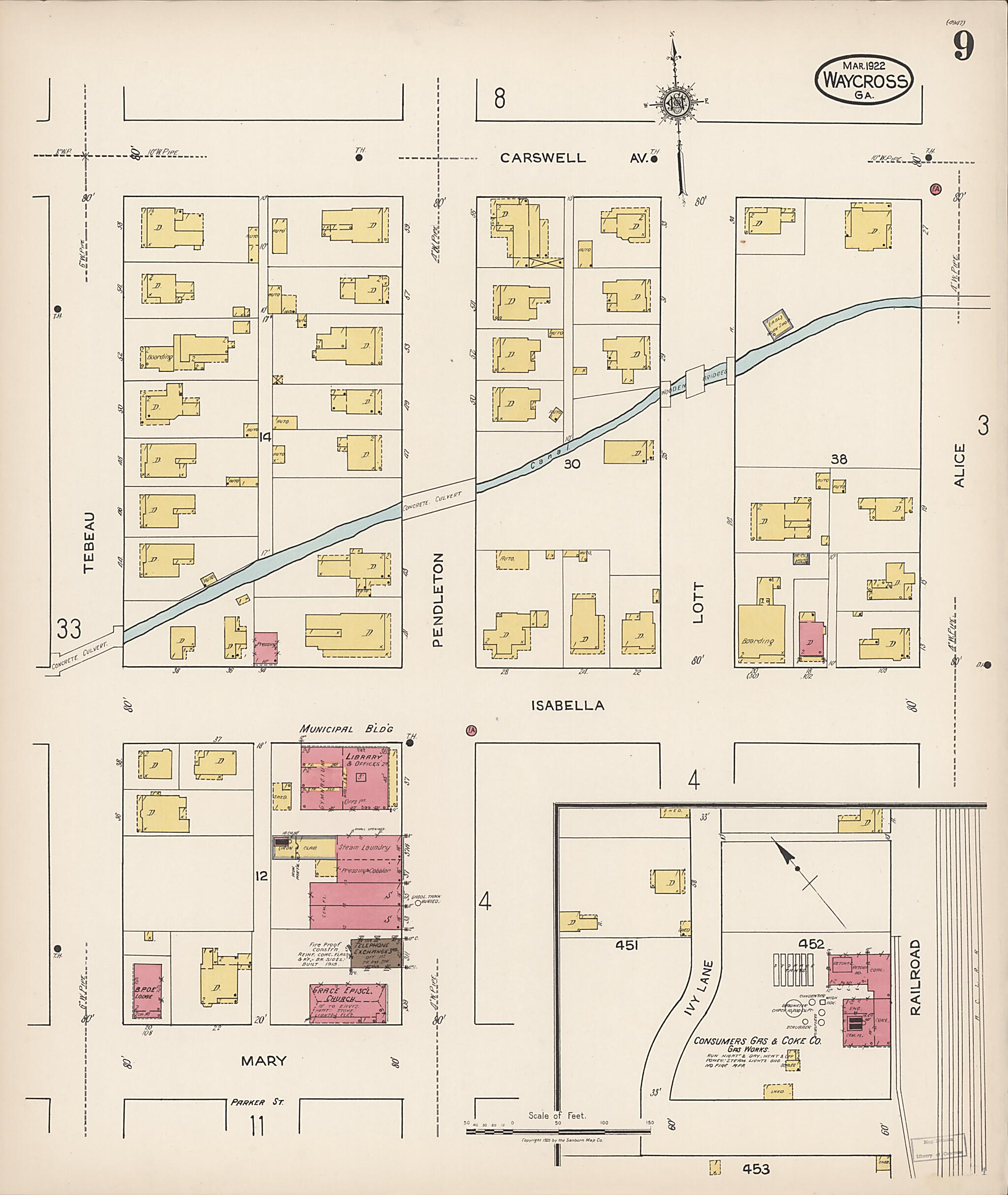 This old map of Waycross, Ware County, Georgia was created by Sanborn Map Company in 1922