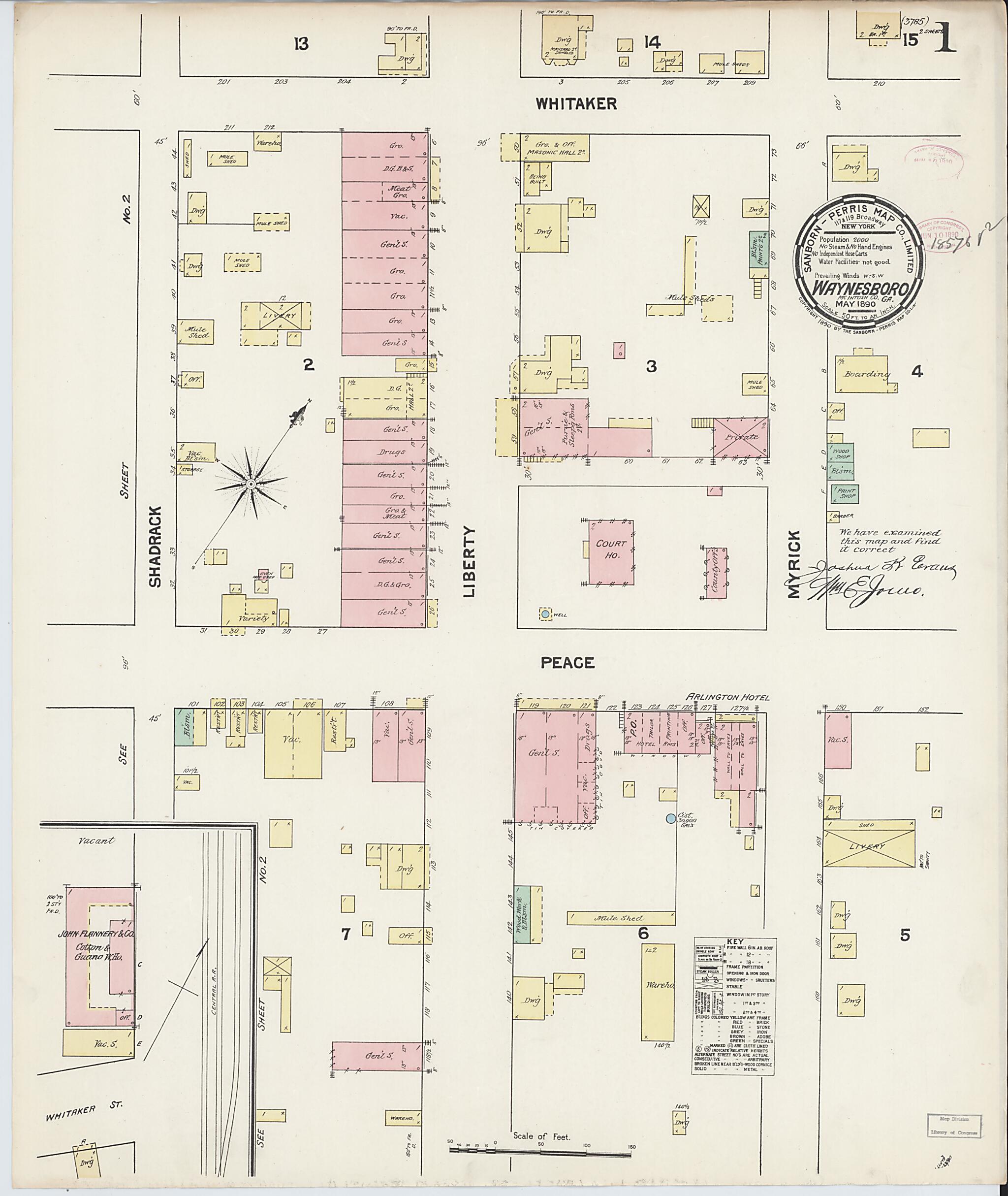 This old map of Waynesboro, Burke County, Georgia was created by Sanborn Map Company in 1890