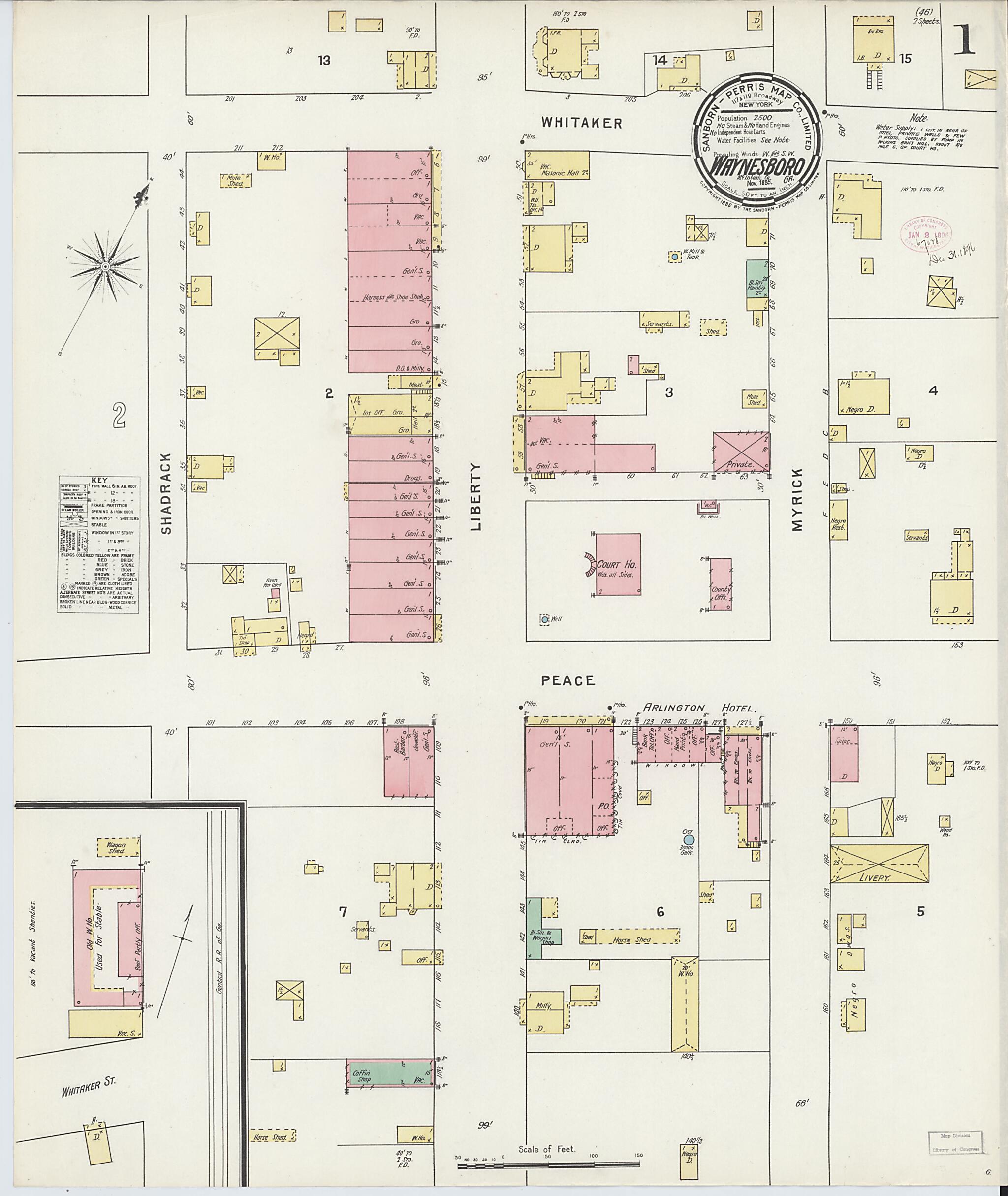 This old map of Waynesboro, Burke County, Georgia was created by Sanborn Map Company in 1895