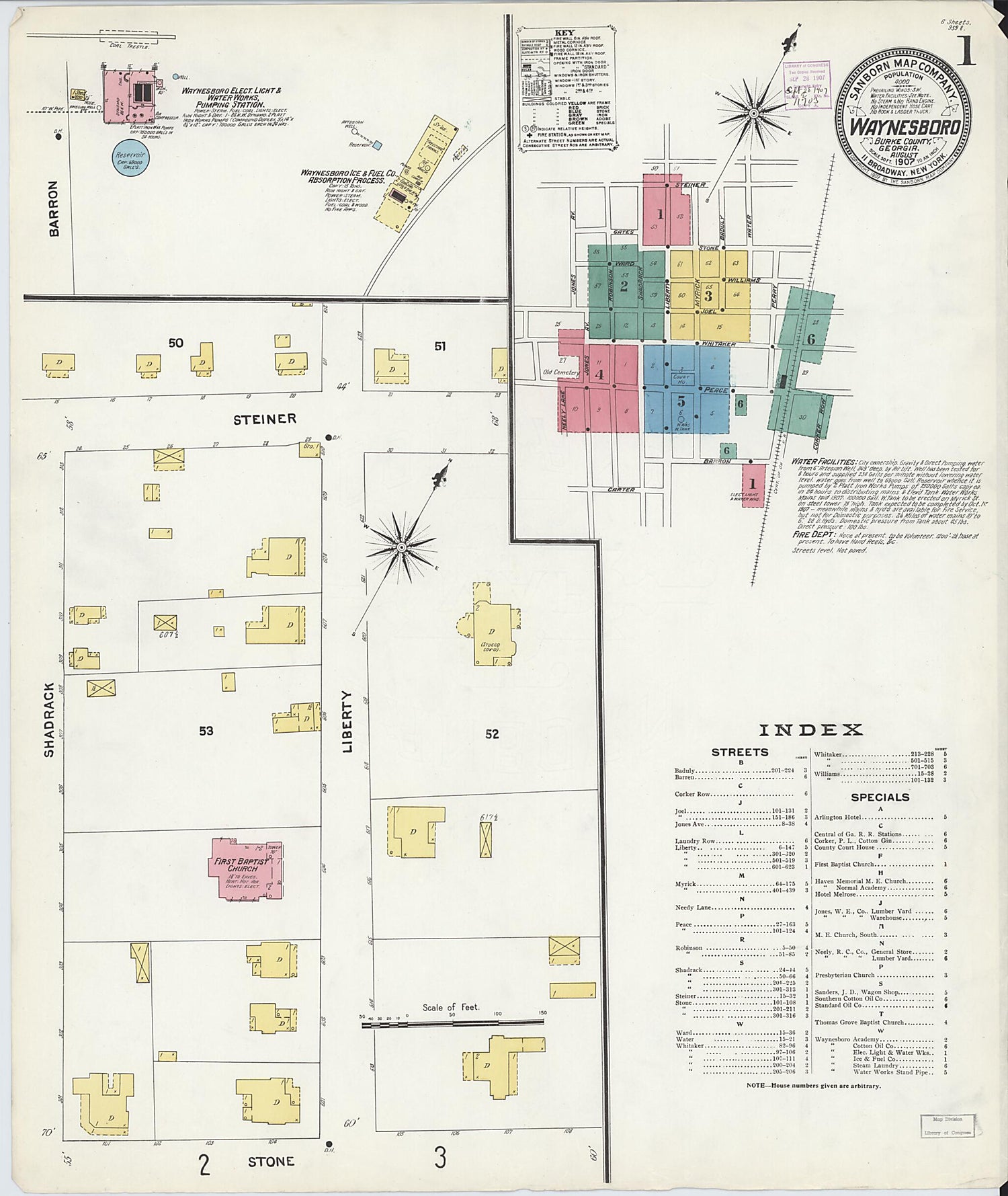 This old map of Waynesboro, Burke County, Georgia was created by Sanborn Map Company in 1907