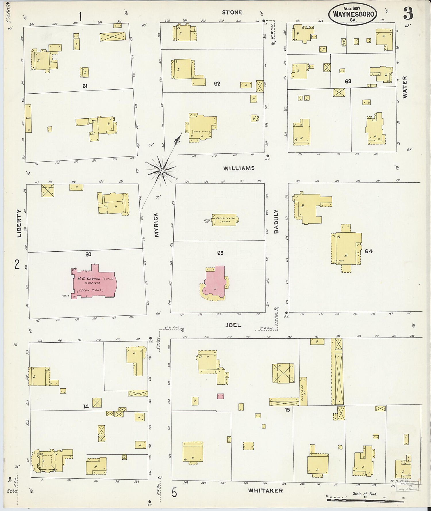 This old map of Waynesboro, Burke County, Georgia was created by Sanborn Map Company in 1907