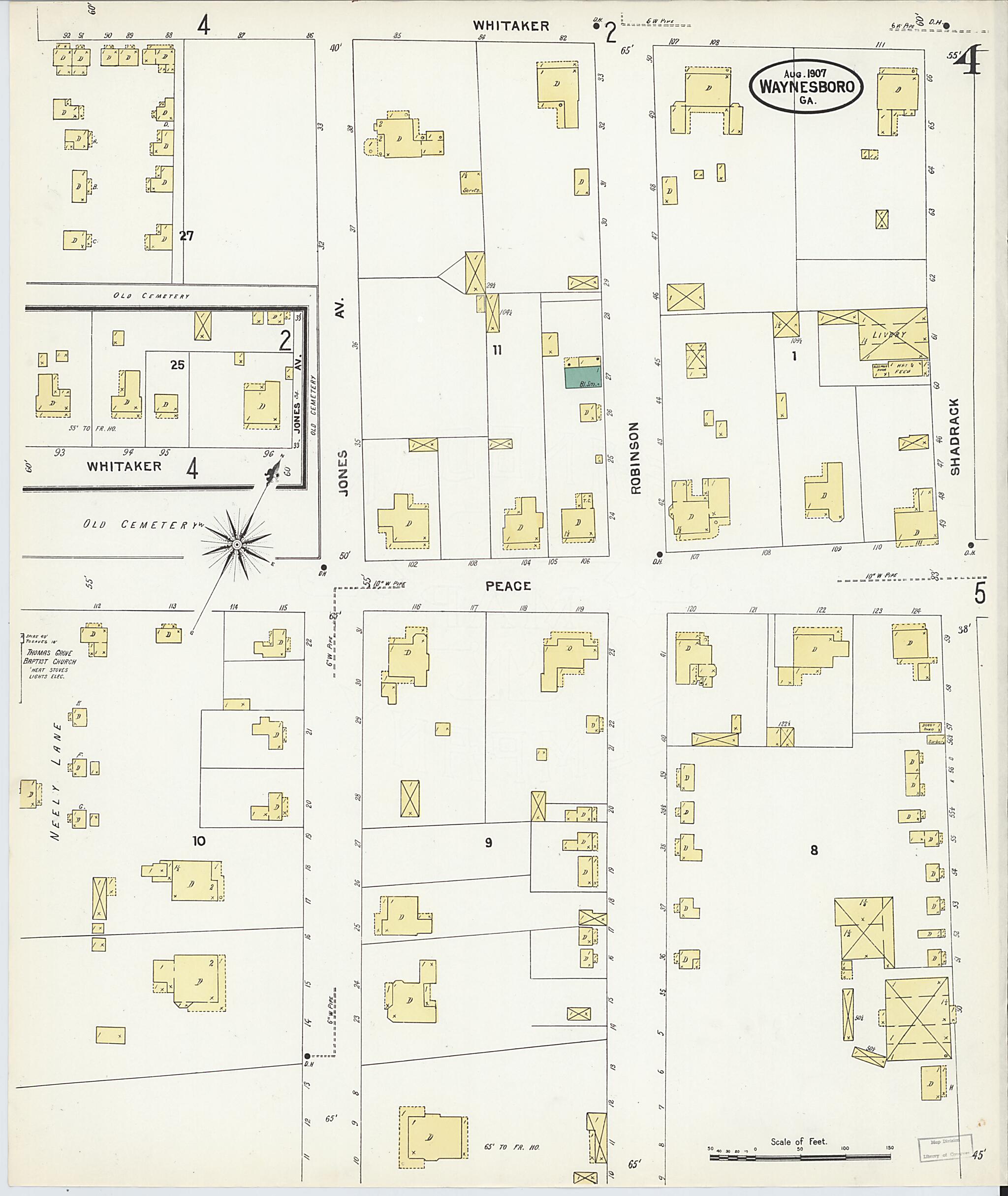 This old map of Waynesboro, Burke County, Georgia was created by Sanborn Map Company in 1907