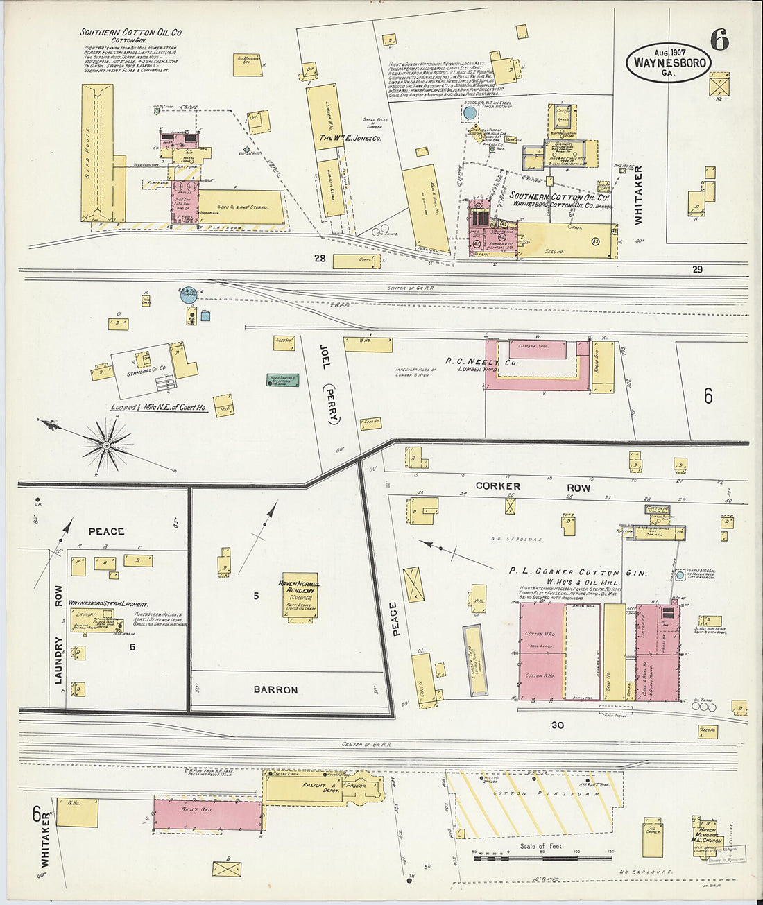 This old map of Waynesboro, Burke County, Georgia was created by Sanborn Map Company in 1907