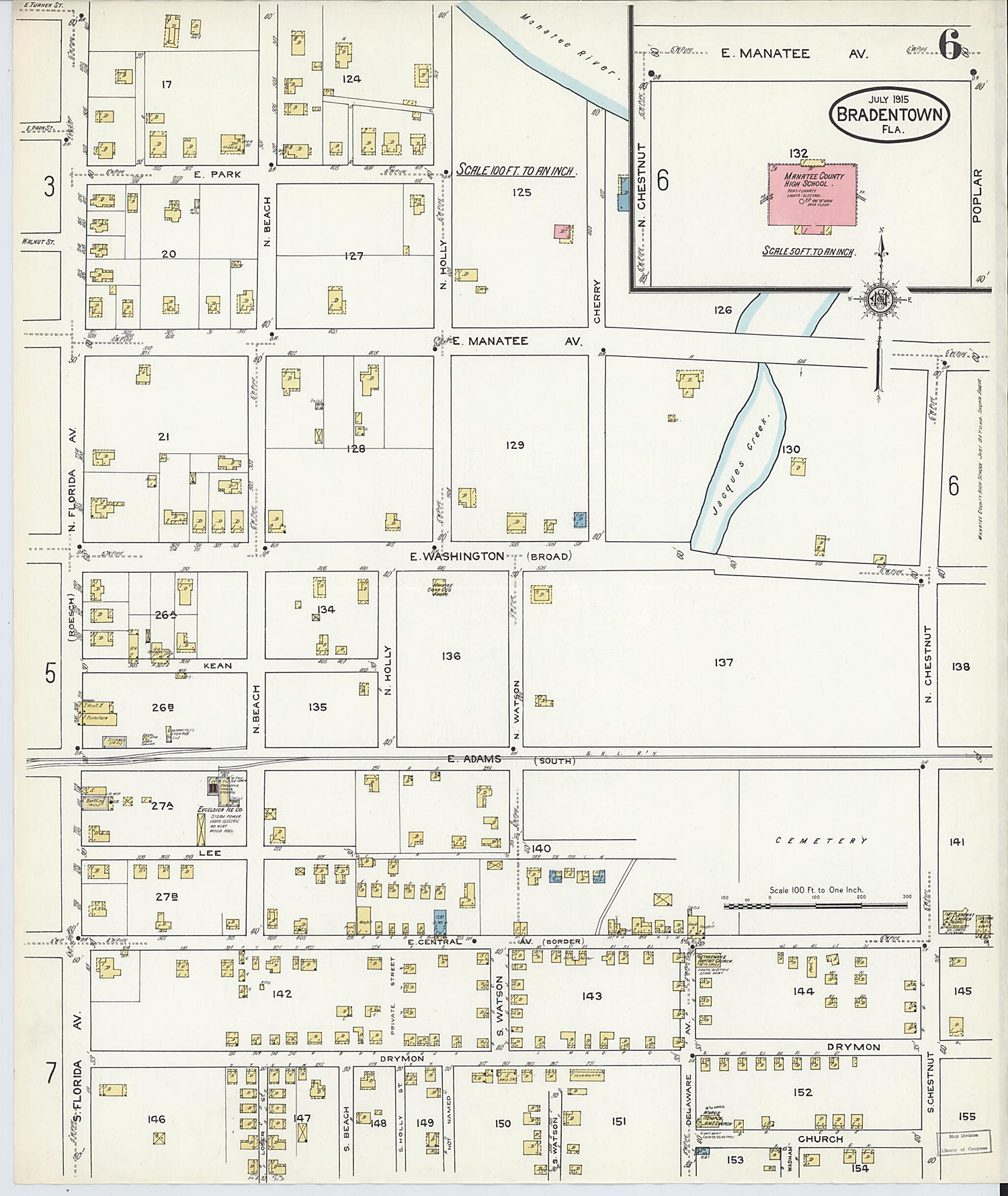 This old map of Bradentown, Manatee County, Florida was created by Sanborn Map Company in 1915