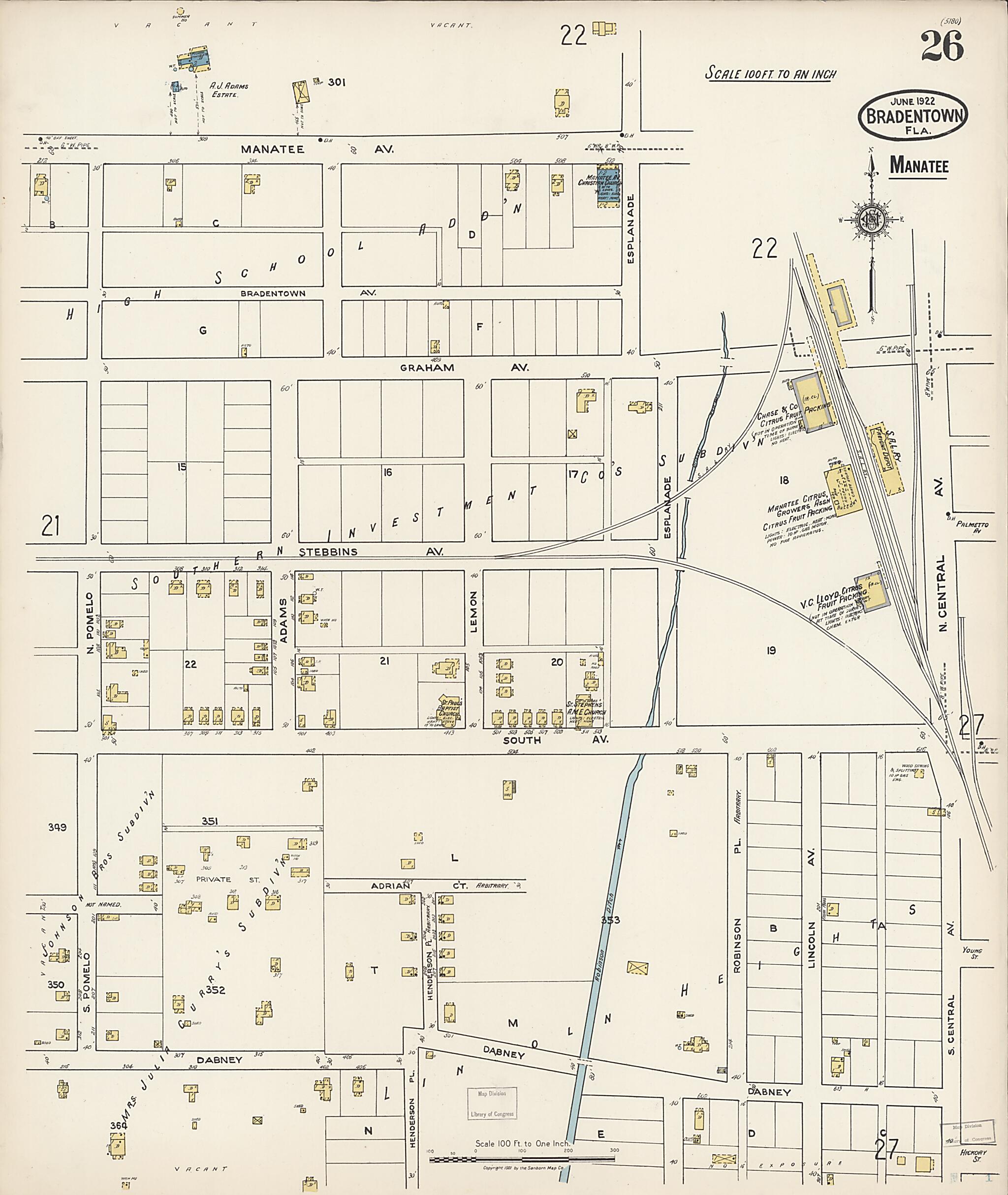 This old map of Manatee, Manatee County, Florida was created by Sanborn Map Company in 1922