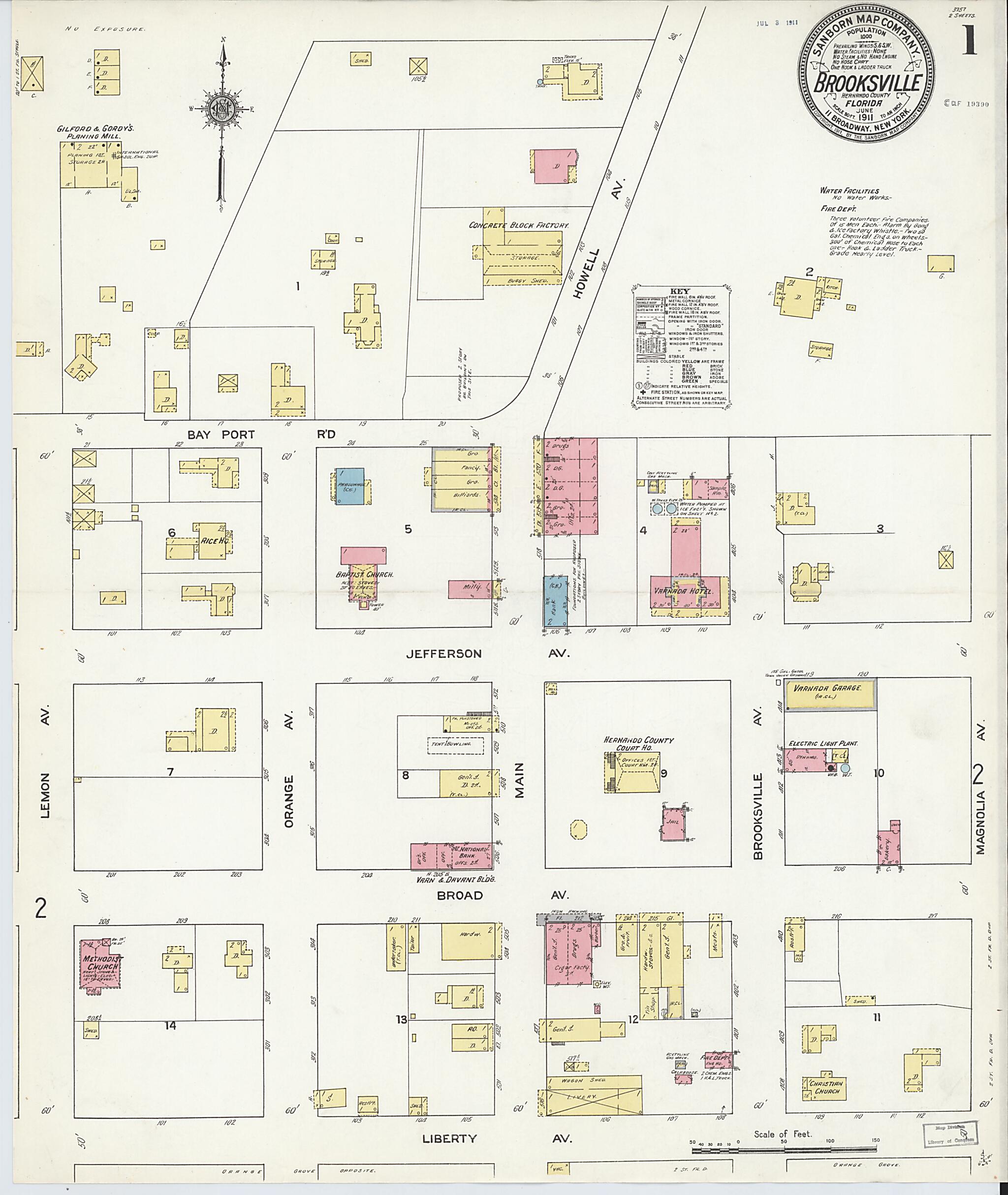This old map of Brooksville, Hernando County, Florida was created by Sanborn Map Company in 1911