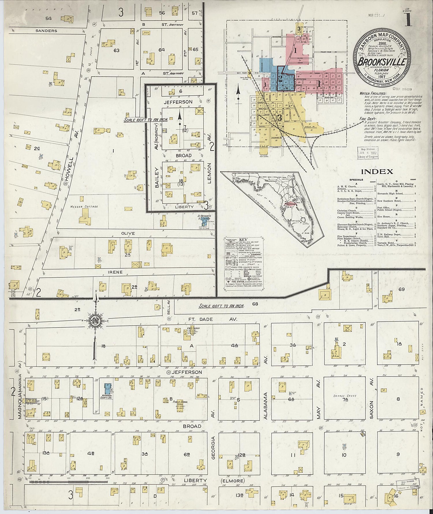 This old map of Brooksville, Hernando County, Florida was created by Sanborn Map Company in 1917