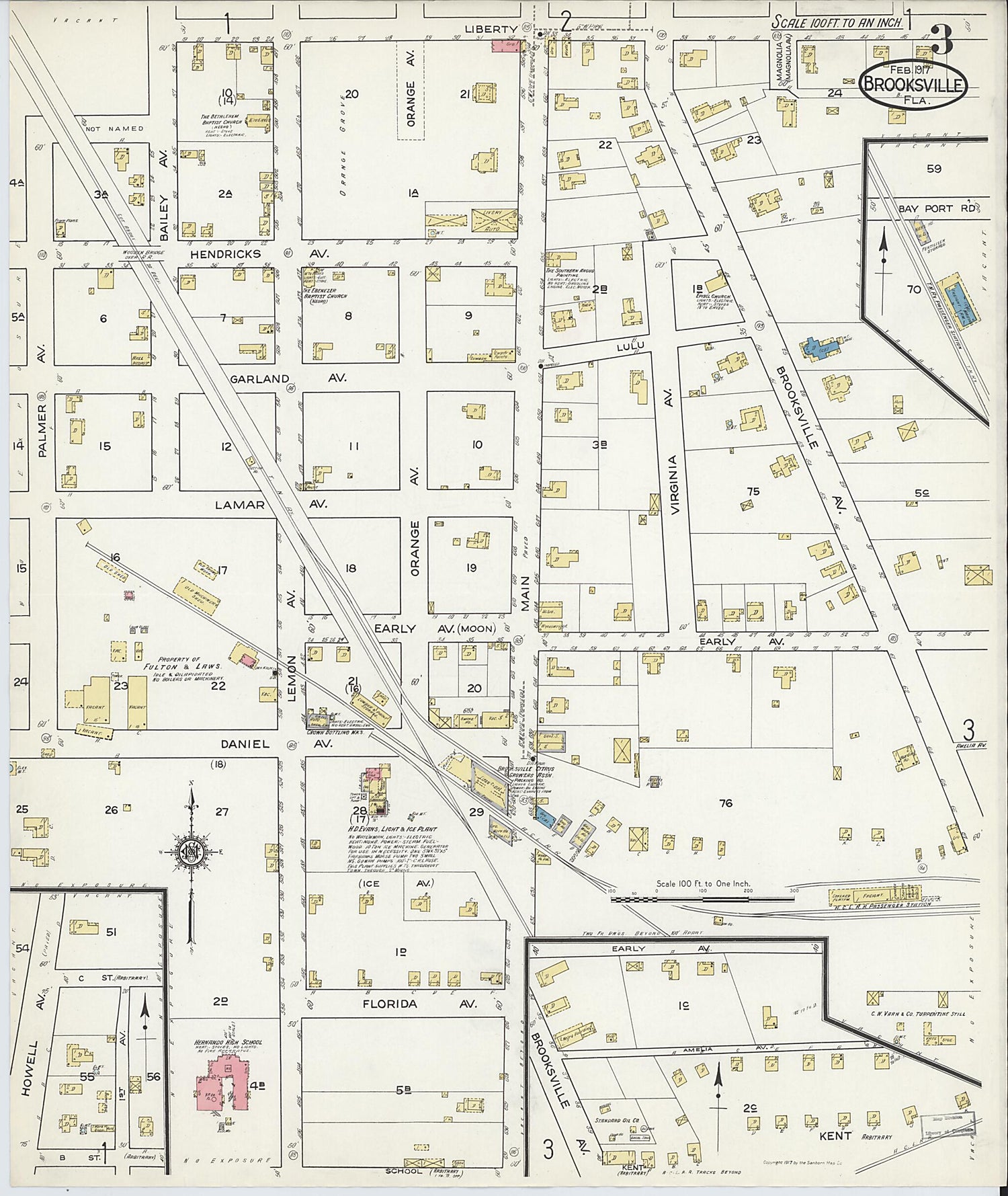 This old map of Brooksville, Hernando County, Florida was created by Sanborn Map Company in 1917