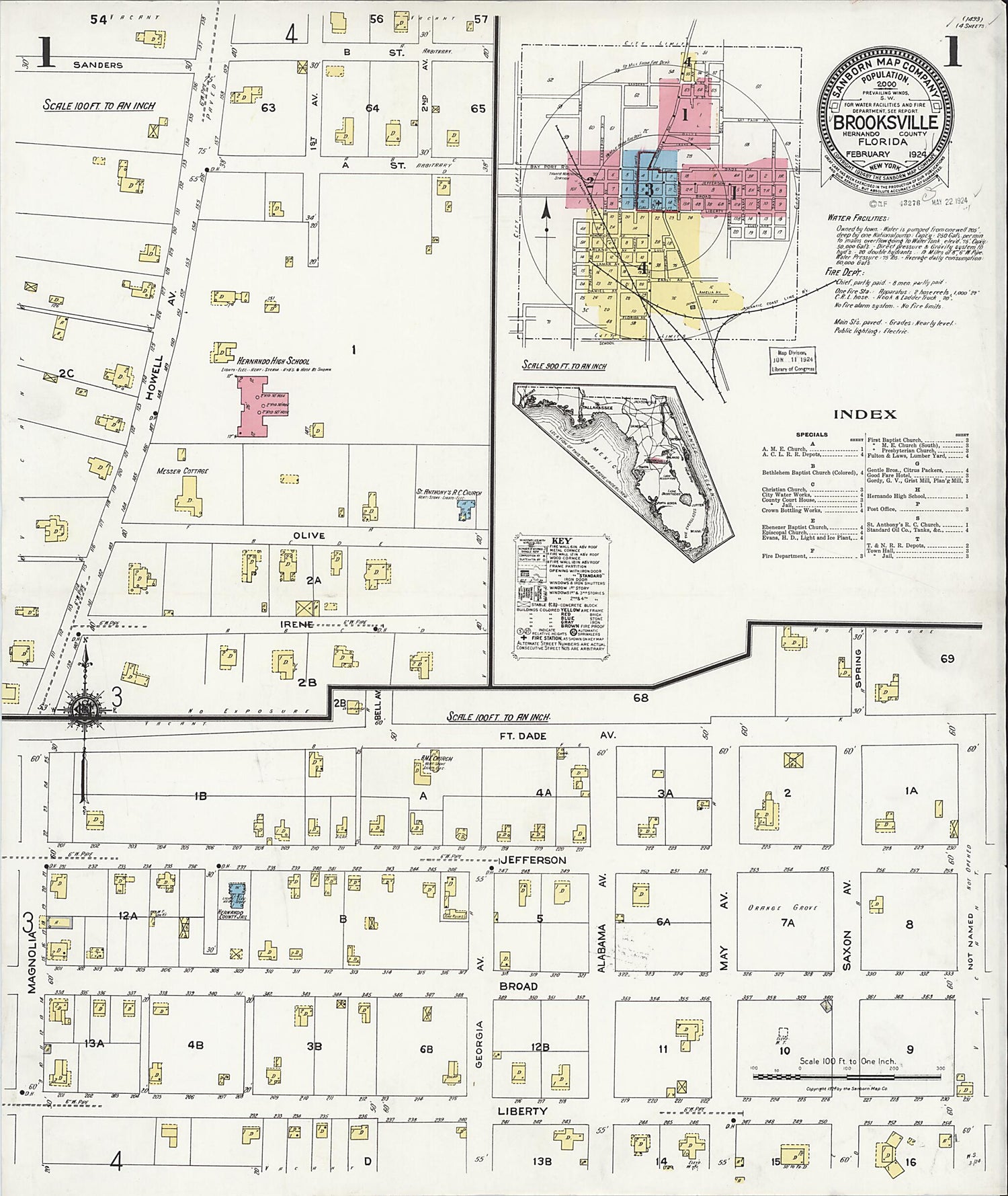This old map of Brooksville, Hernando County, Florida was created by Sanborn Map Company in 1924