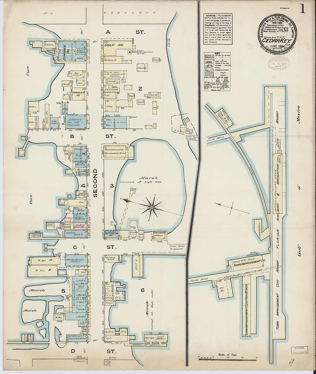 This old map of Cedar Key, Levy County, Florida was created by Sanborn Map Company in 1884