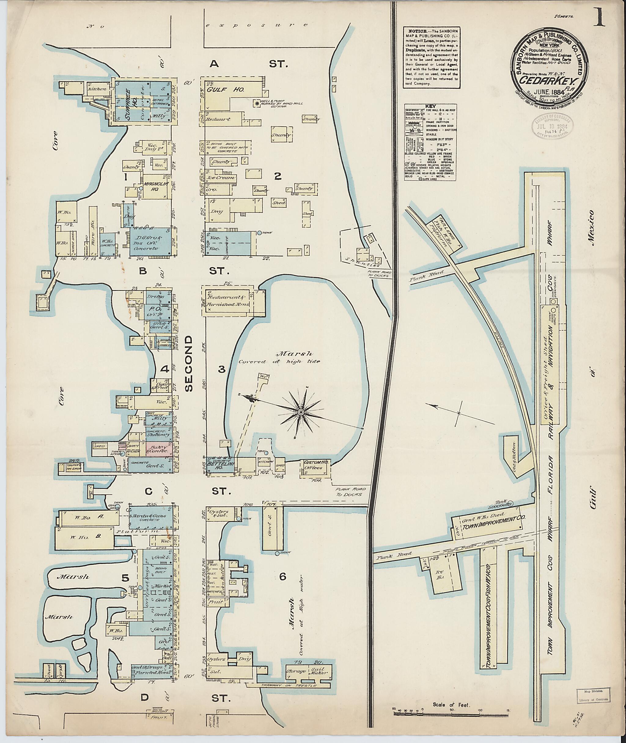 This old map of Cedar Key, Levy County, Florida was created by Sanborn Map Company in 1884