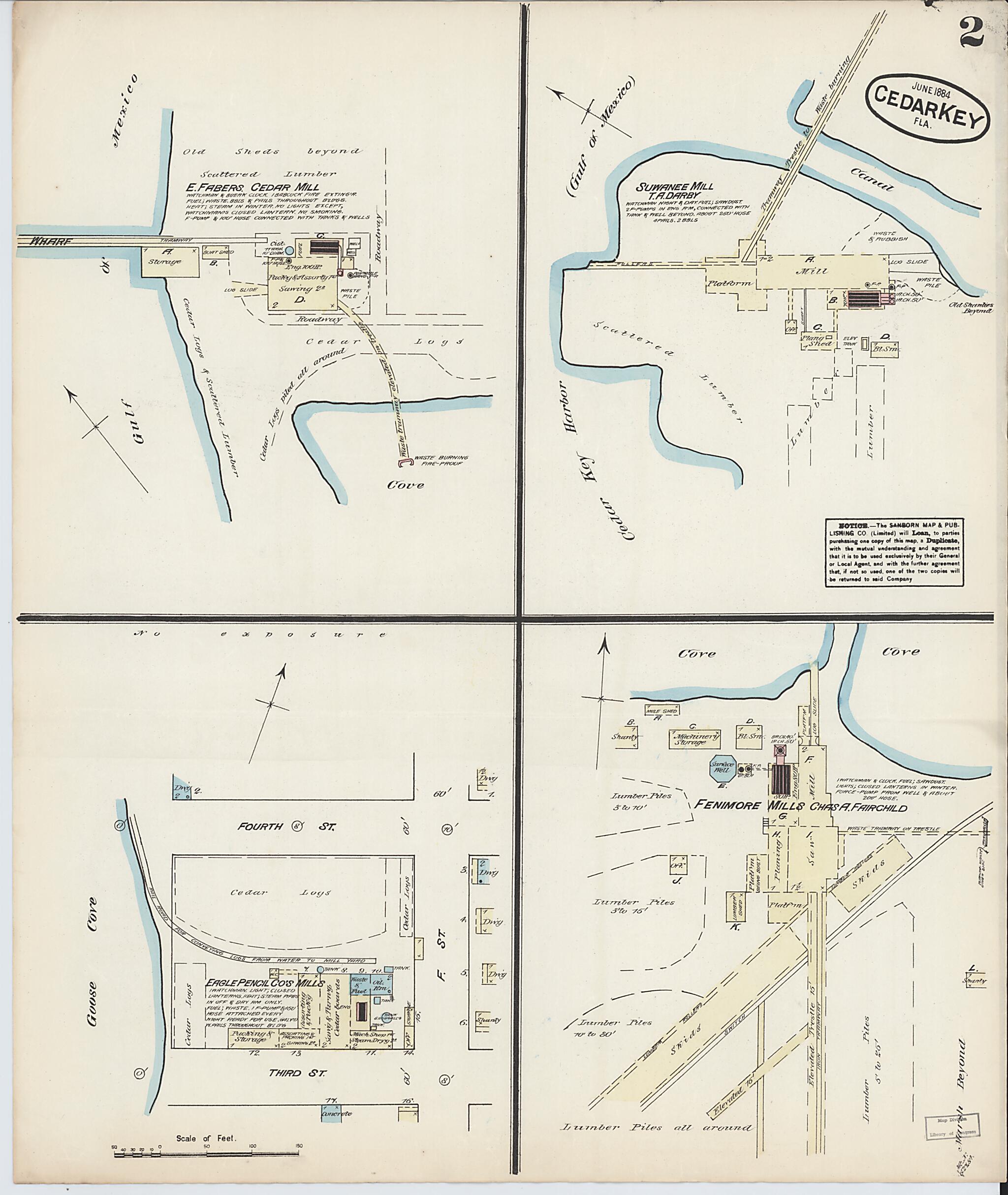 This old map of Cedar Key, Levy County, Florida was created by Sanborn Map Company in 1884